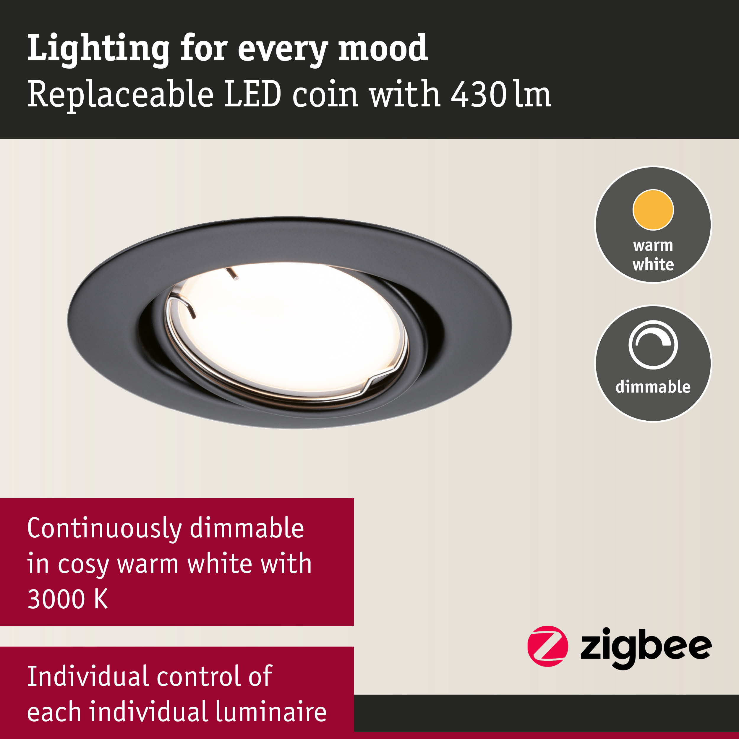 Schwarze, dimmbare LED-Einbauleuchte mit warmweißem Licht und Zigbee-Logo.