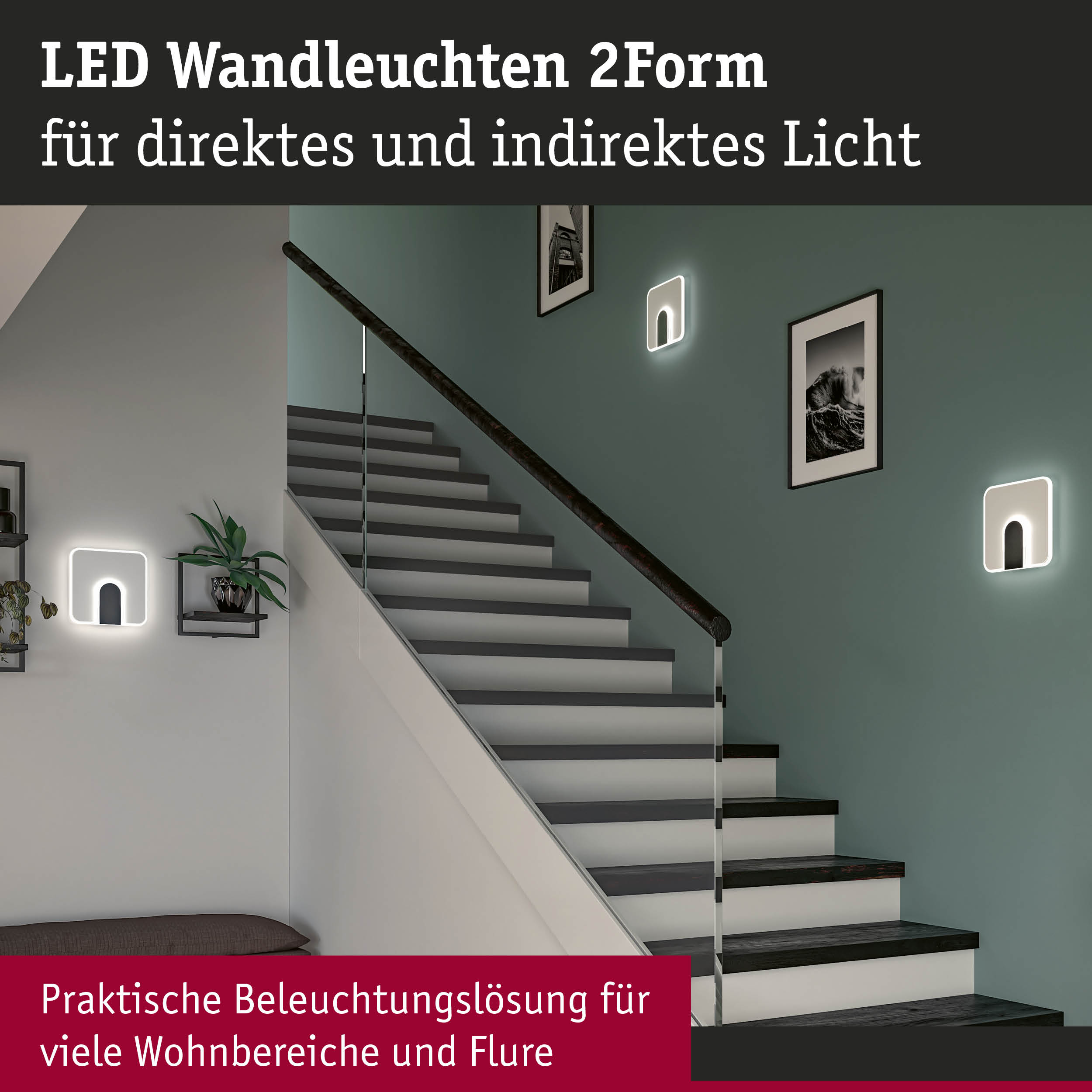 Moderne LED-Wandleuchten beleuchten eine Treppe mit grauen Stufen und grüner Wand.