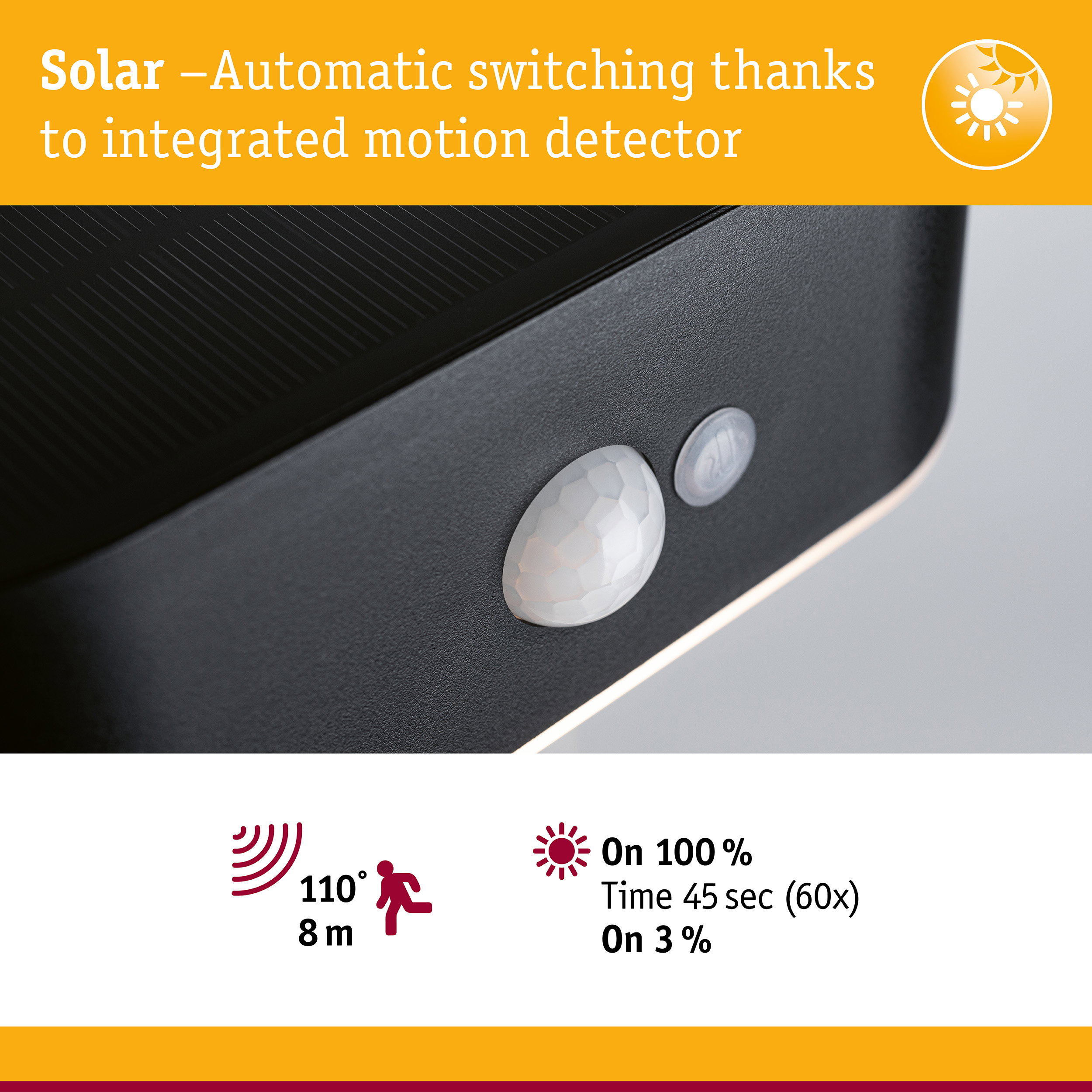 Solar-Wandleuchte mit integriertem Bewegungsmelder, 110 Grad Erfassung und Sonnensymbol oben rechts.