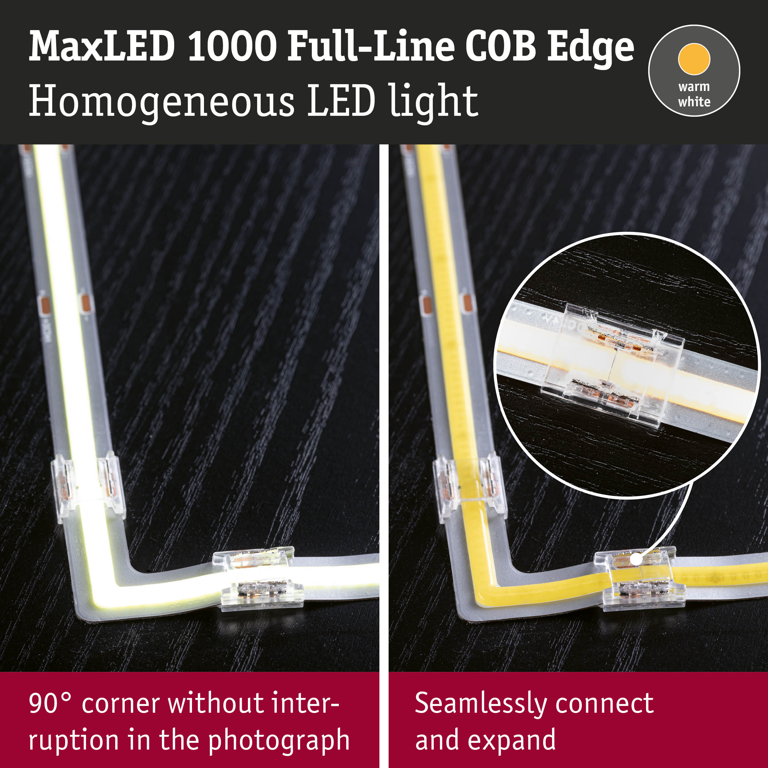 MaxLED 1000 COB Edge LED-Leuchte mit 90-Grad-Eckverbinder auf dunkler Oberfläche.
