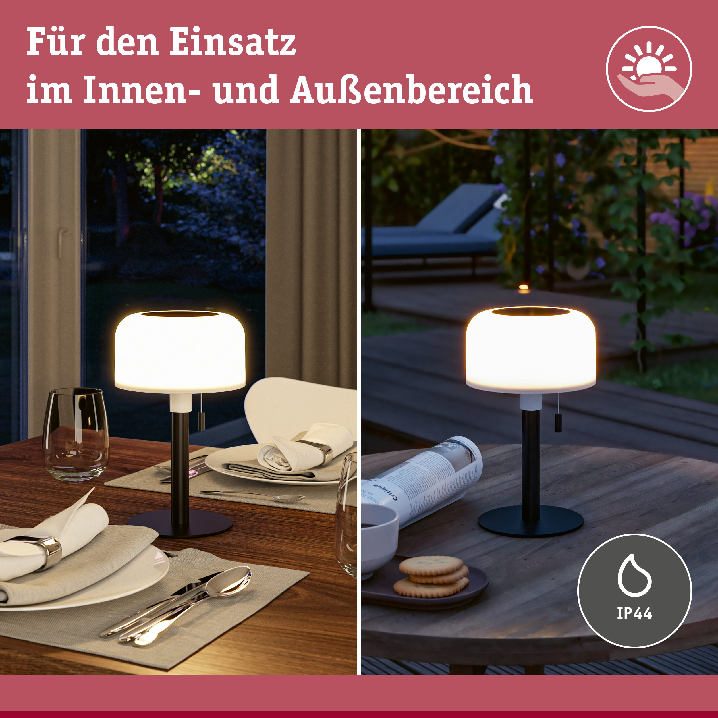 Tragbare Tischleuchte für den Innen- und Außenbereich auf einem gedeckten Tisch und einer Terrasse.