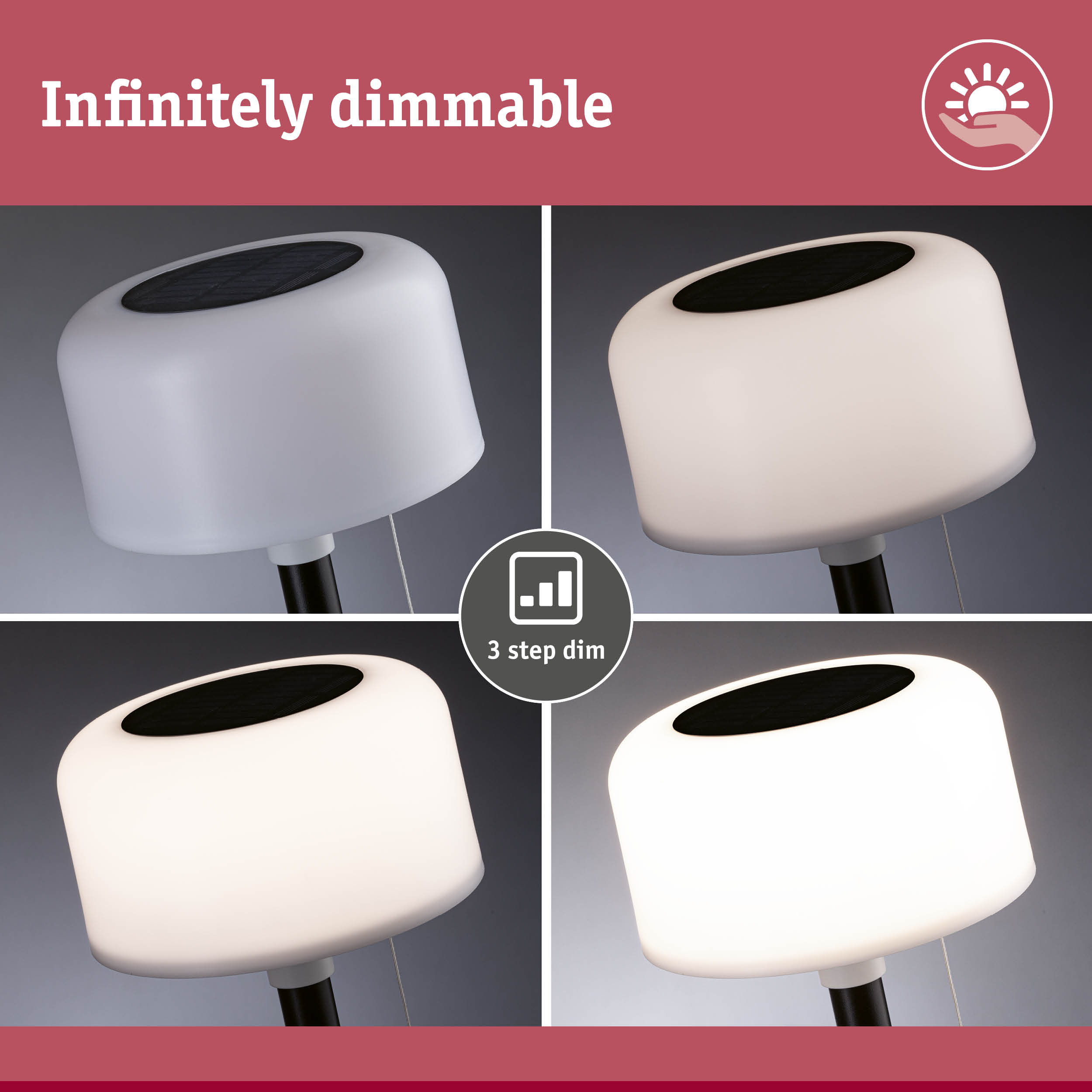 Vier Bilder zeigen eine dimmbare Solarlampe mit verschiedenen Helligkeitsstufen vor dunklem Hintergrund.