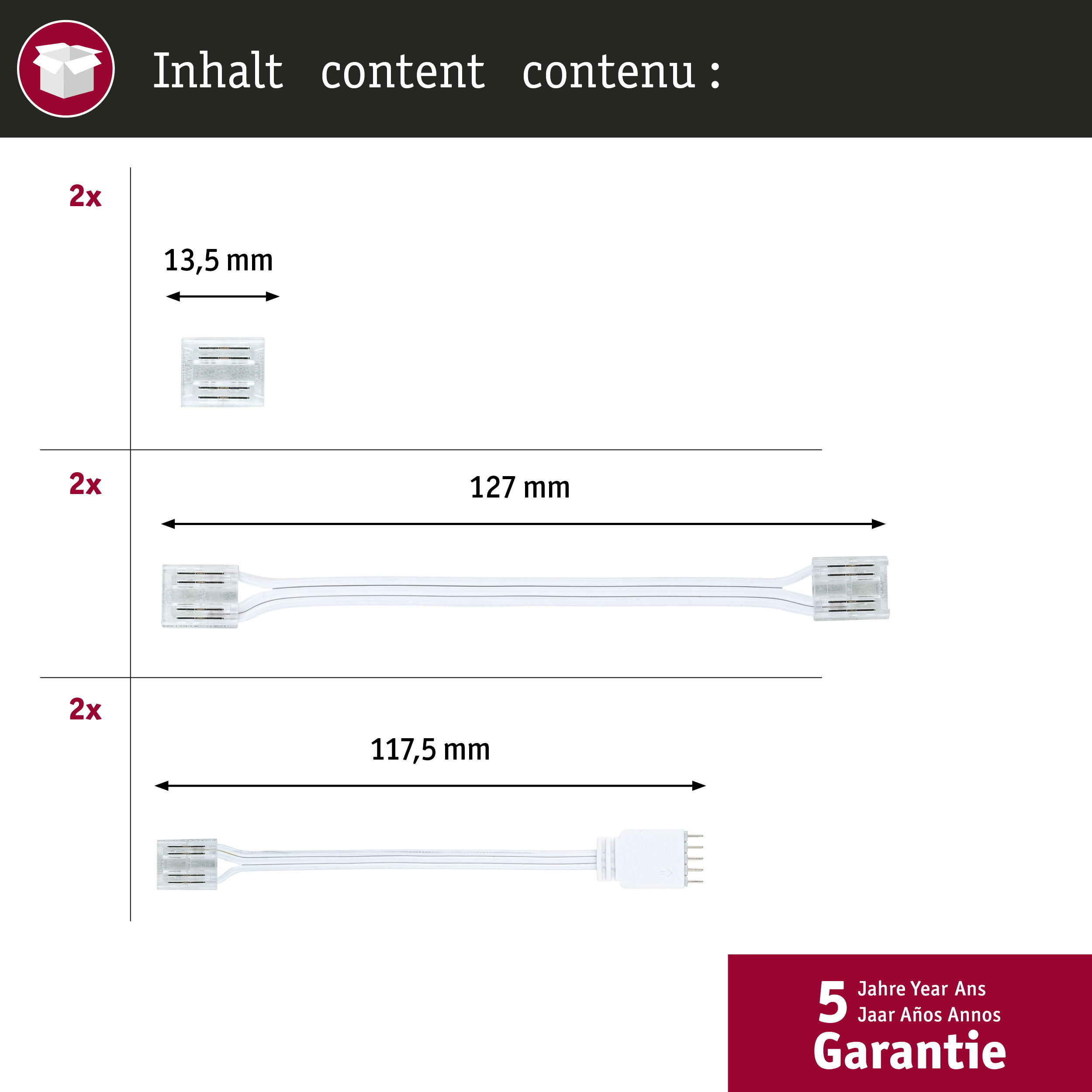 Produktinhalt mit zwei Steckern 13,5 mm, zwei Kabeln 127 mm und zwei Kabeln 117,5 mm, mit 5 Jahren Garantie.
