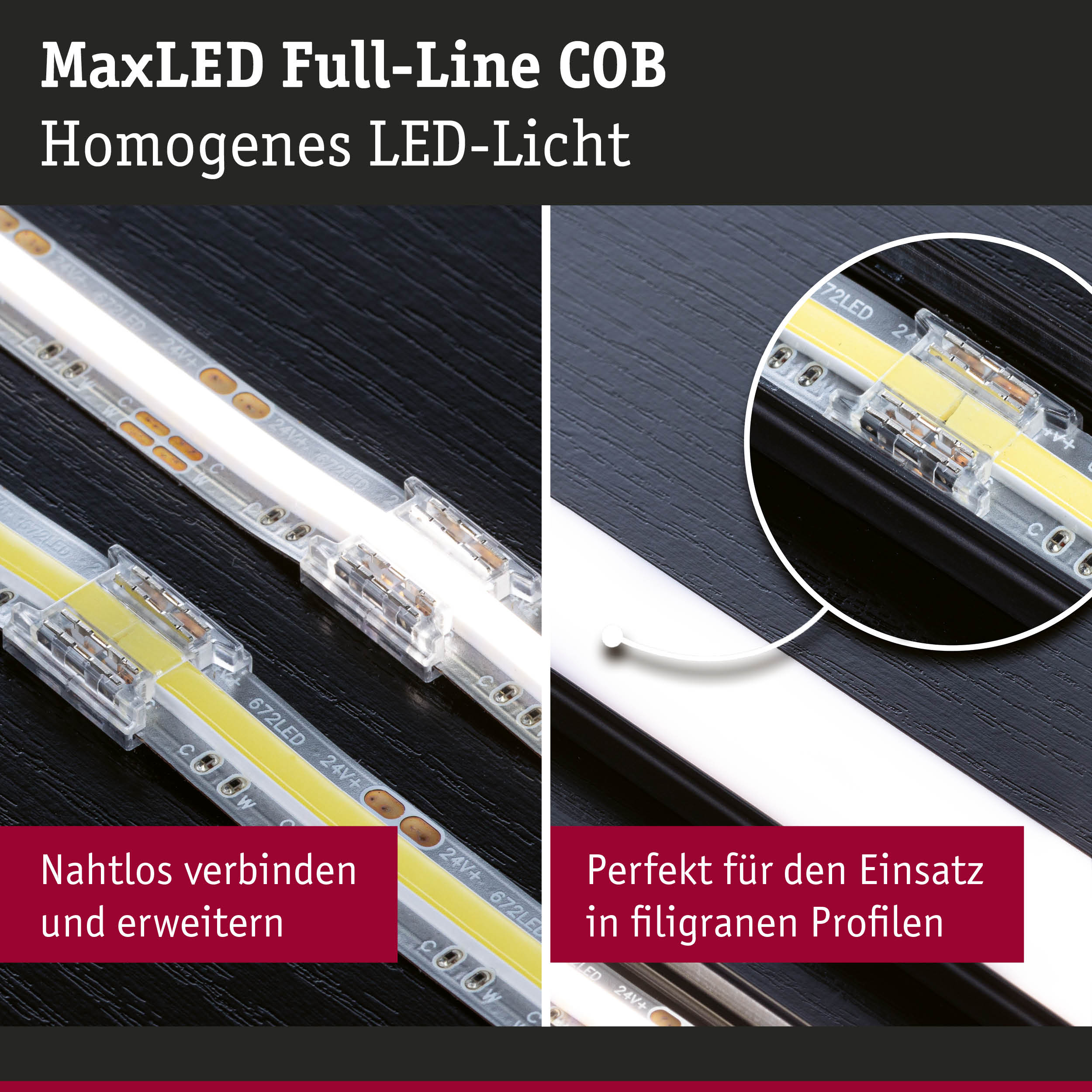 MaxLED Full-Line COB LED-Leiste mit transparenten Verbindern auf dunkler Oberfläche.