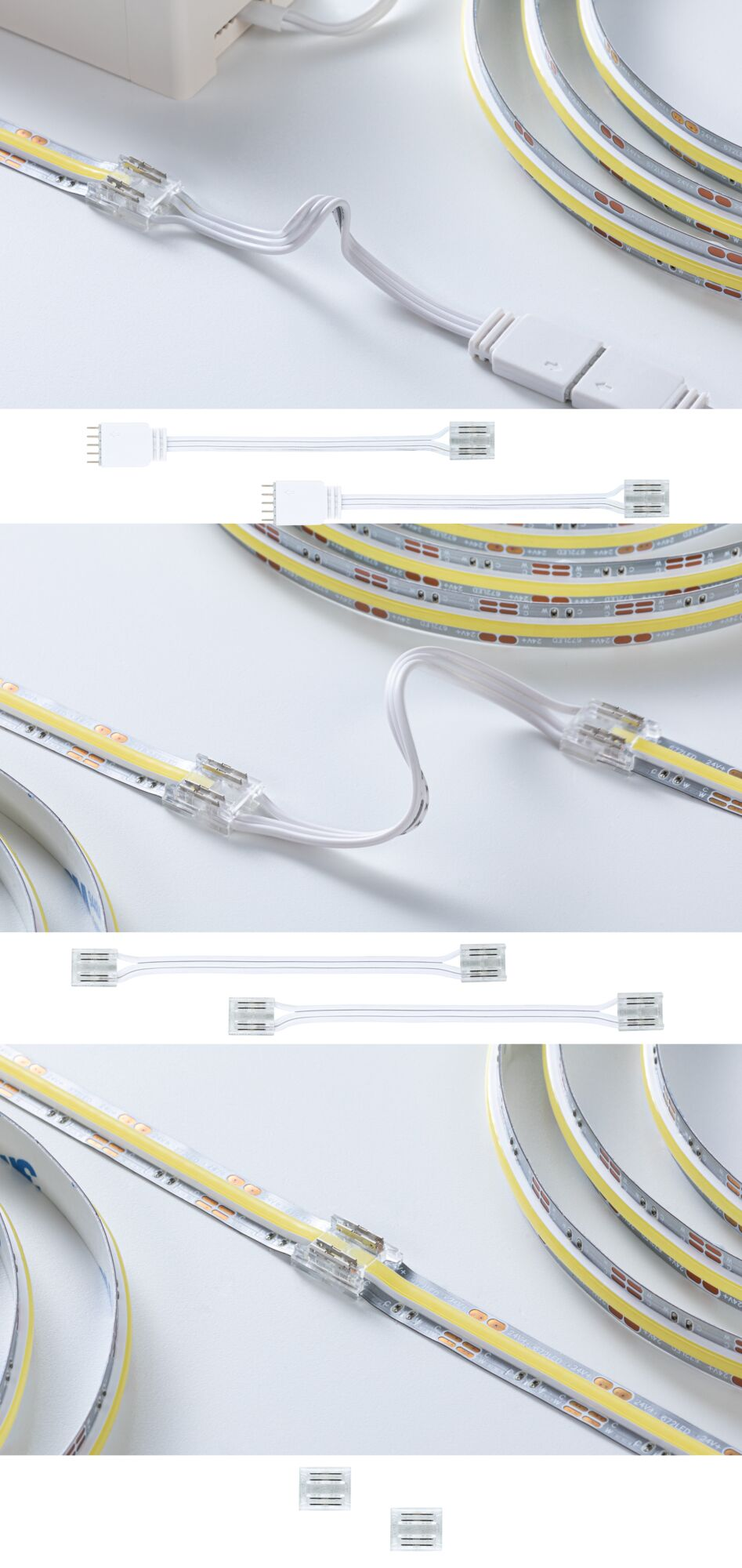 LED-Streifen auf weißem Hintergrund mit Steckverbindern und Kabeln in verschiedenen Ansichten.