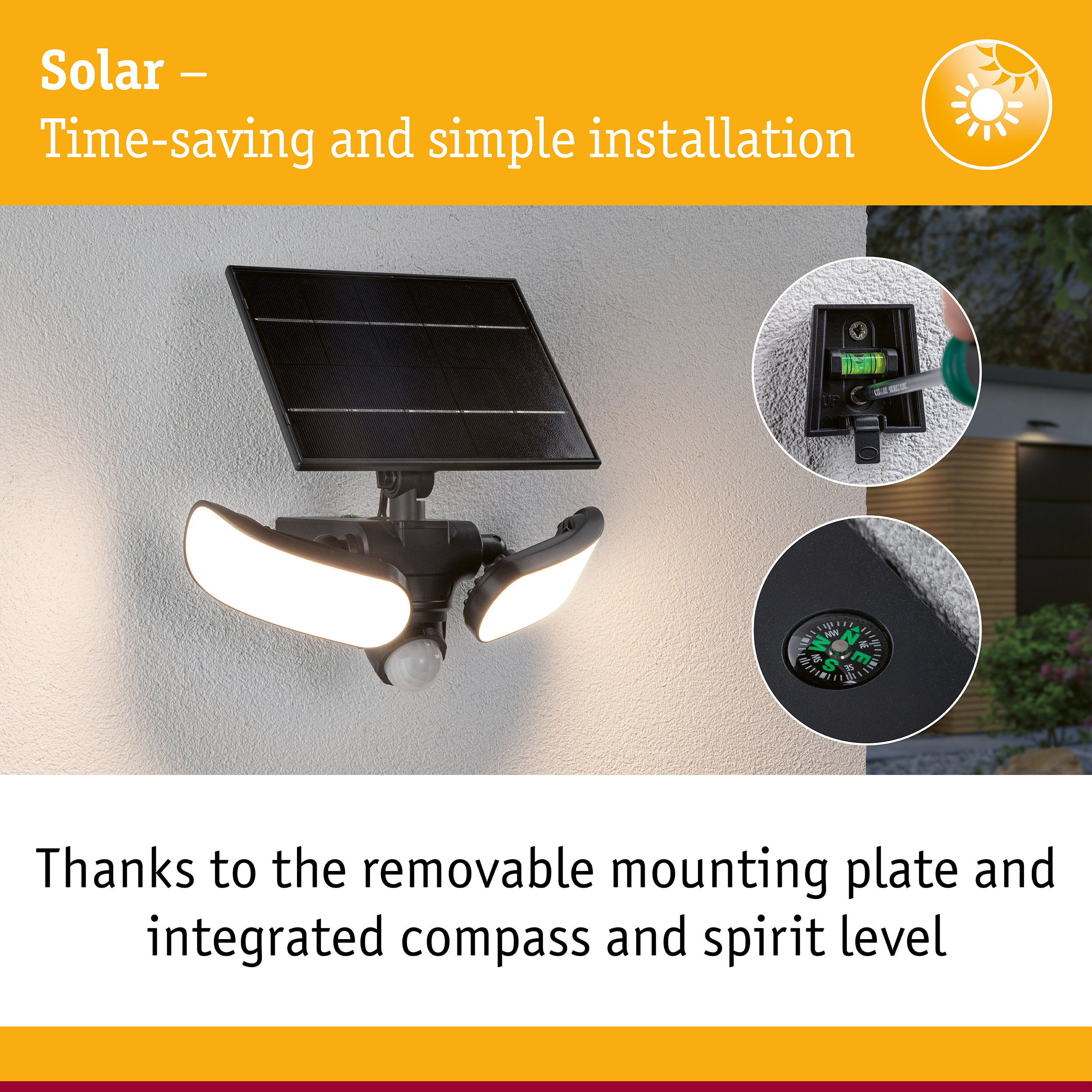 Solar-LED-Strahler an Wand mit Einbau-Details, Wasserwaage und Kompass.