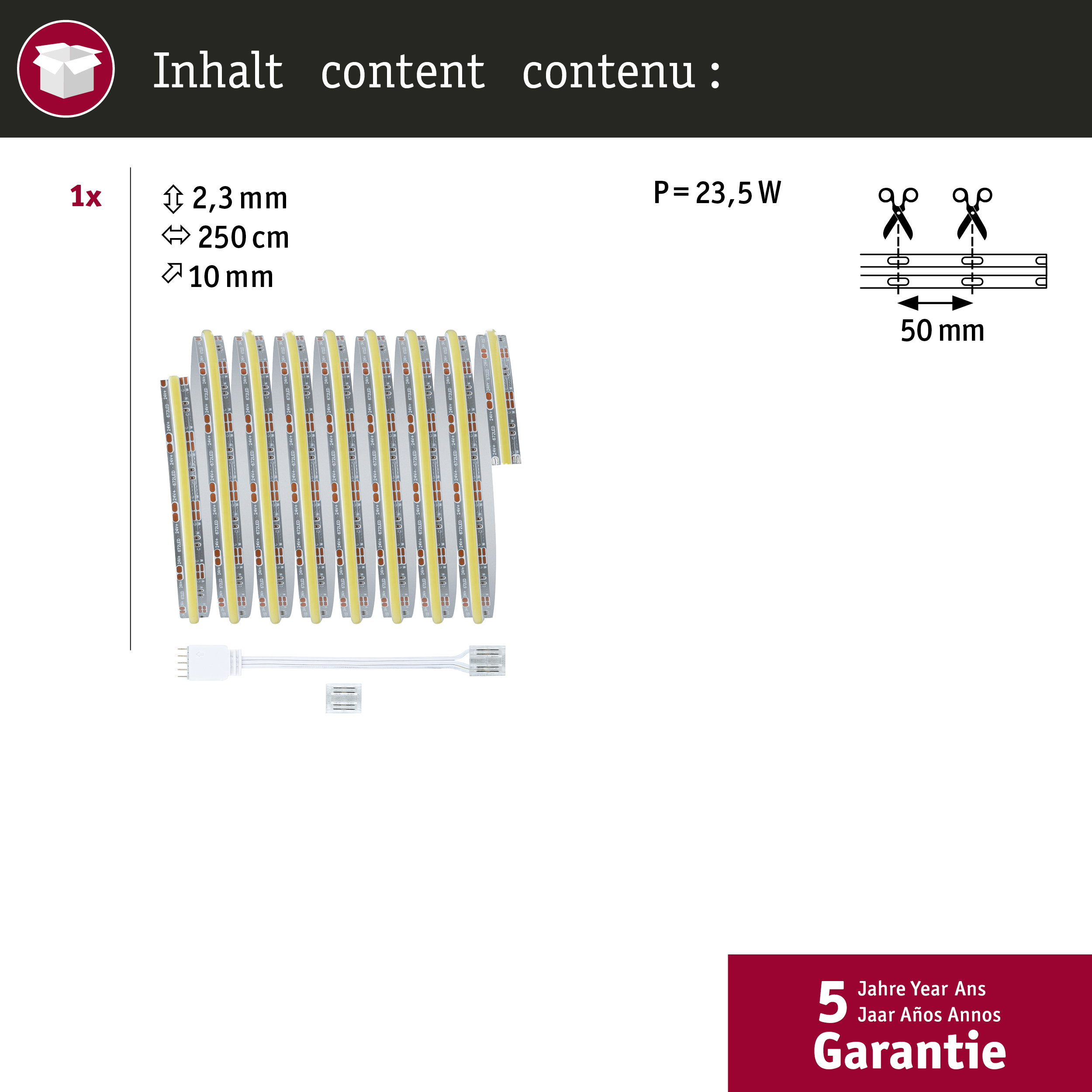 LED-Streifen mit 250 cm Länge, 23,5 W, Maßen und Schneideanleitung auf weißem Grund.