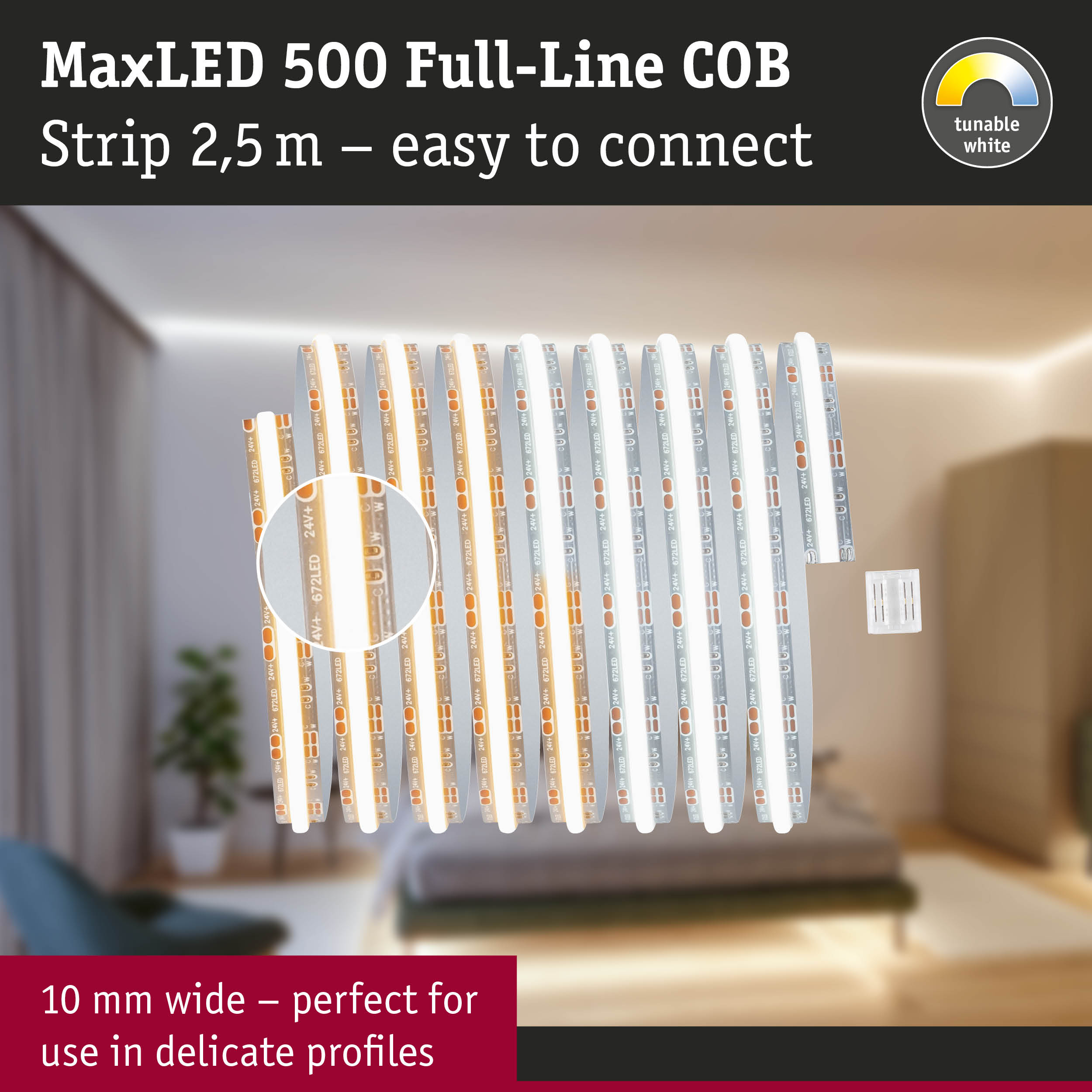 MaxLED 500 Full-Line COB-LED-Streifen auf einem Hintergrund eines Schlafzimmers.