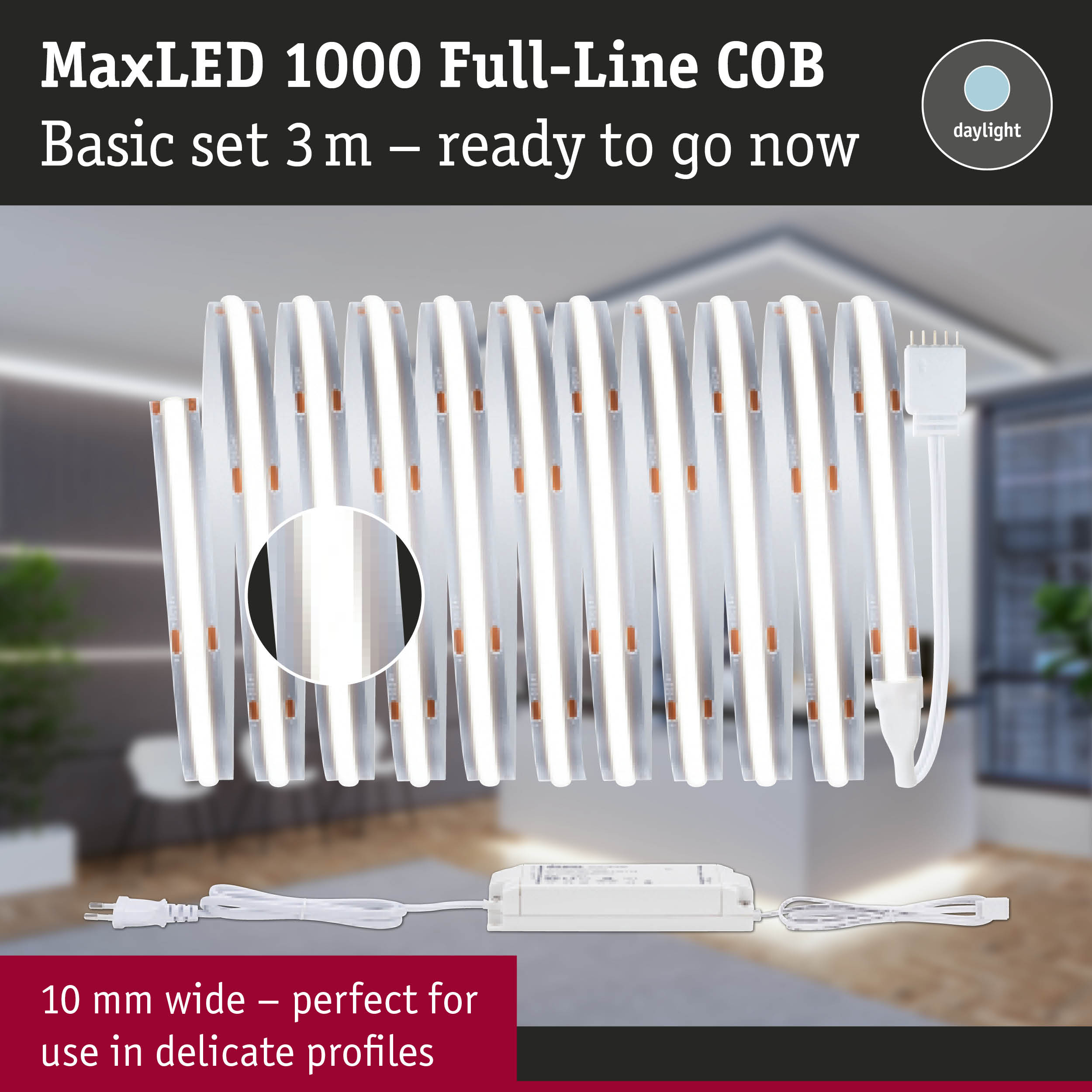 MaxLED 1000 COB LED-Streifen Set in einem Raum.