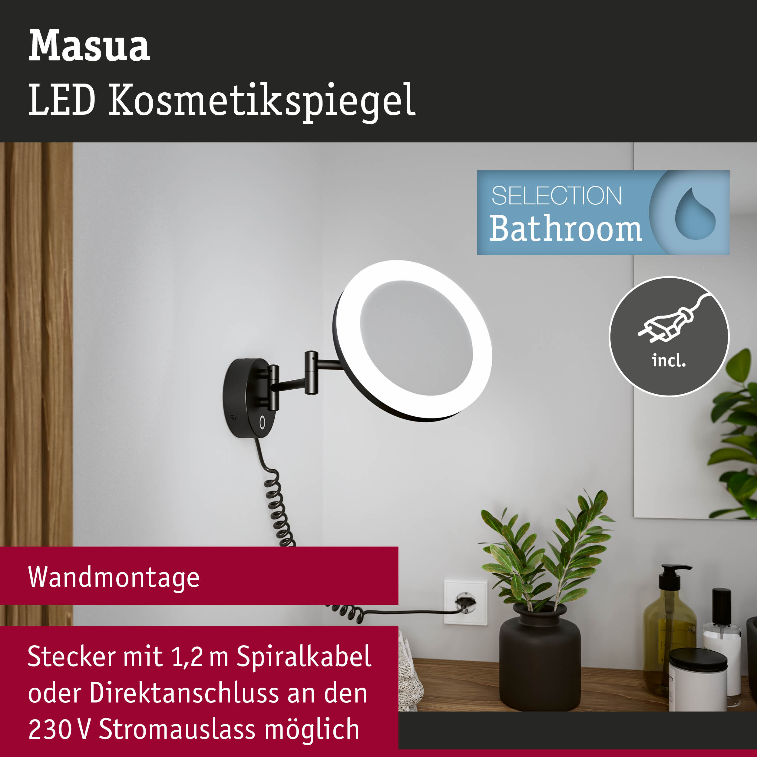 Schwarzer LED Kosmetikspiegel zur Wandmontage mit Spiralkabel und hellem Leuchtring auf weißem Hintergrund.
