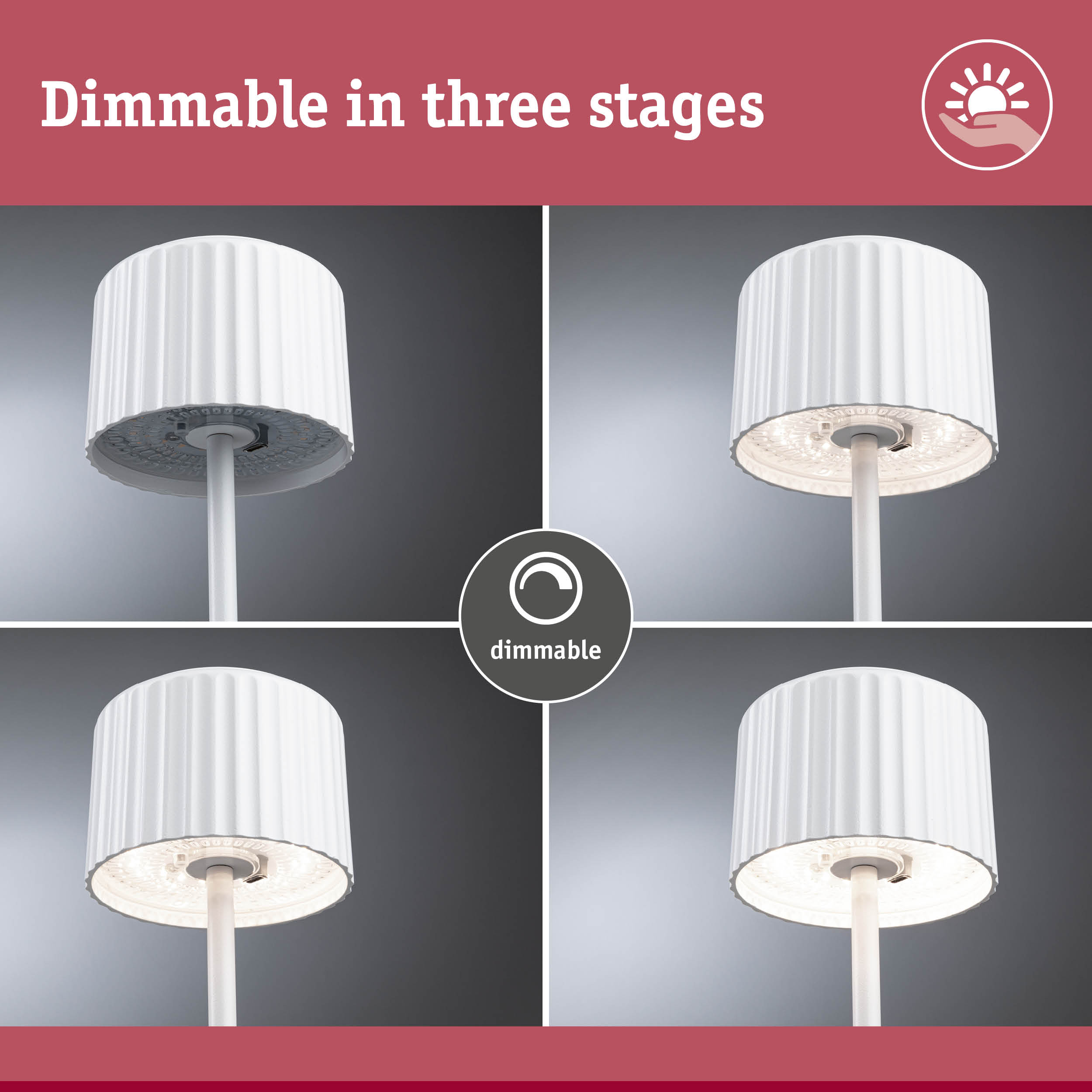 Vier Bilder zeigen eine weiße Stehlampe, die in drei Stufen dimmbar ist.