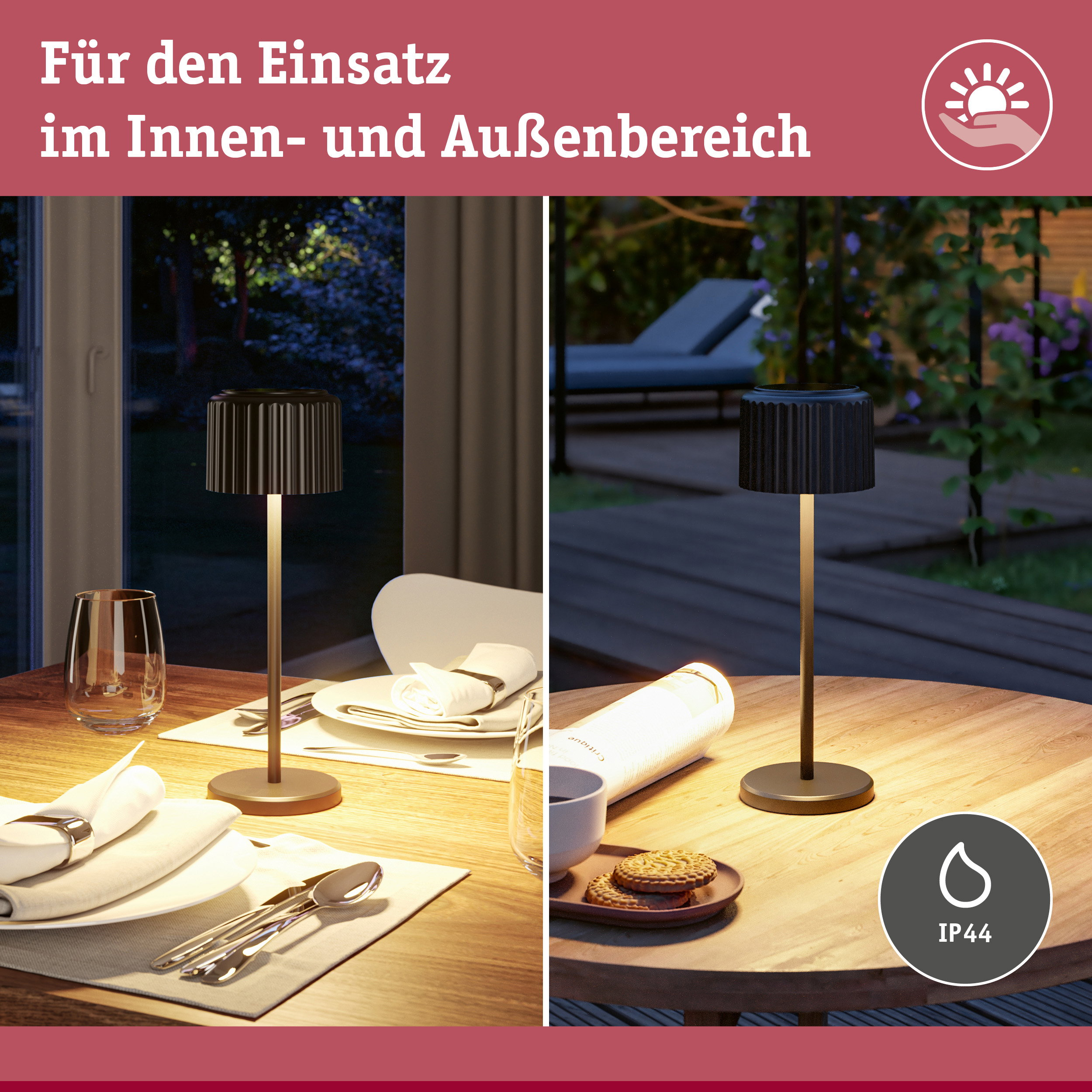 Schwarze LED-Tischlampe für den Innen- und Außenbereich auf Holztischen, mit integrierten Icons für Wetterbeständigkeit.