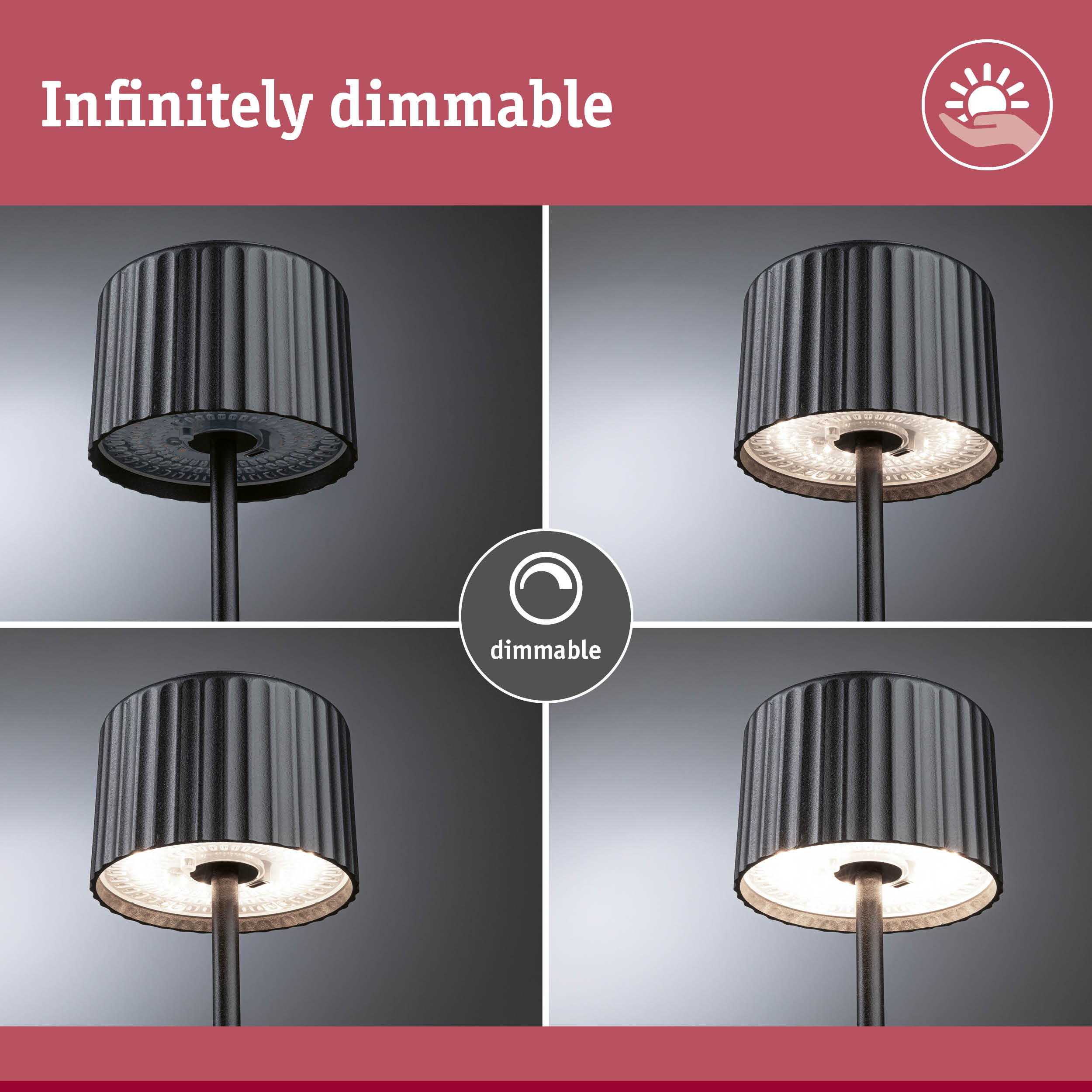 Vier Felder zeigen eine schwarze, dimmbare Lampe in verschiedenen Helligkeitsstufen vor grauem Hintergrund.