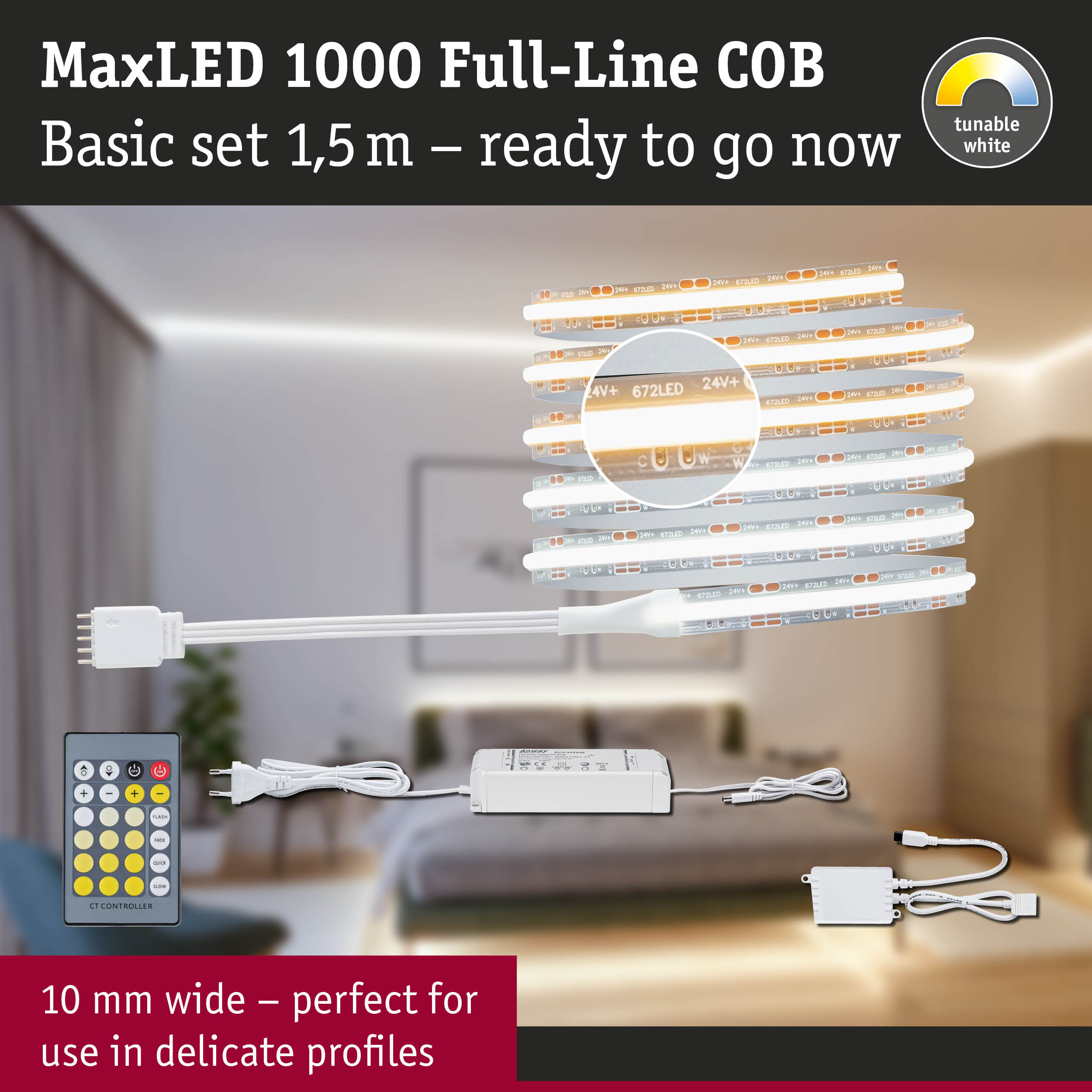 MaxLED 1000 COB LED-Streifen mit Fernbedienung, Netzteil und Controller im Schlafzimmer.