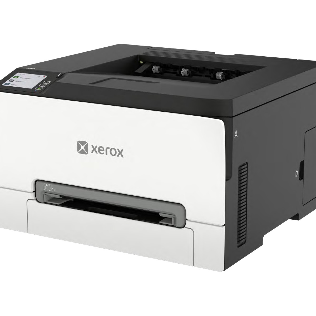 Ein weiß-schwarzer Xerox-Drucker steht auf einer weißen Oberfläche.