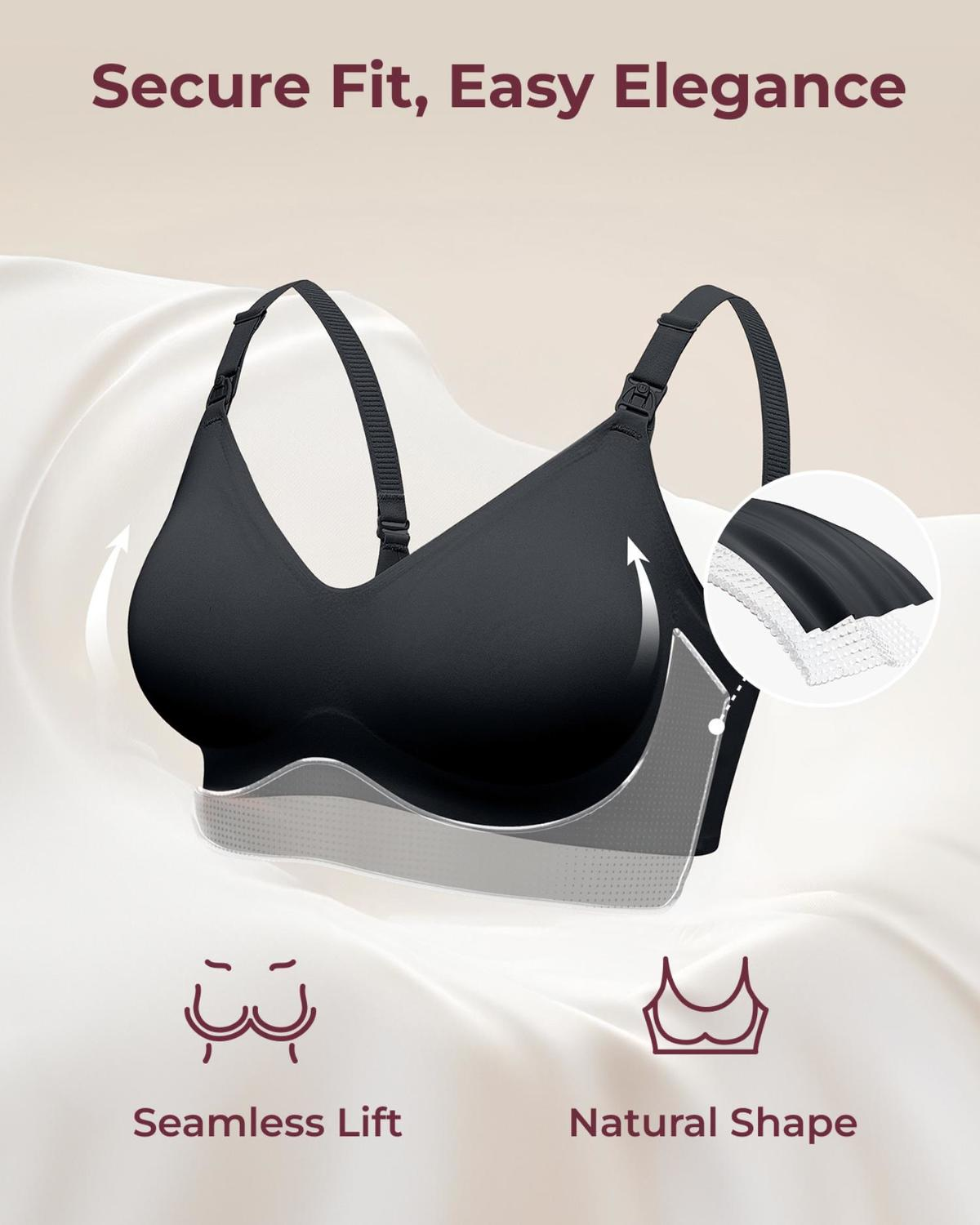 Ein schwarzer Still-BH auf weißem Satin mit Details zu nahtlosem Lift und natürlicher Form.