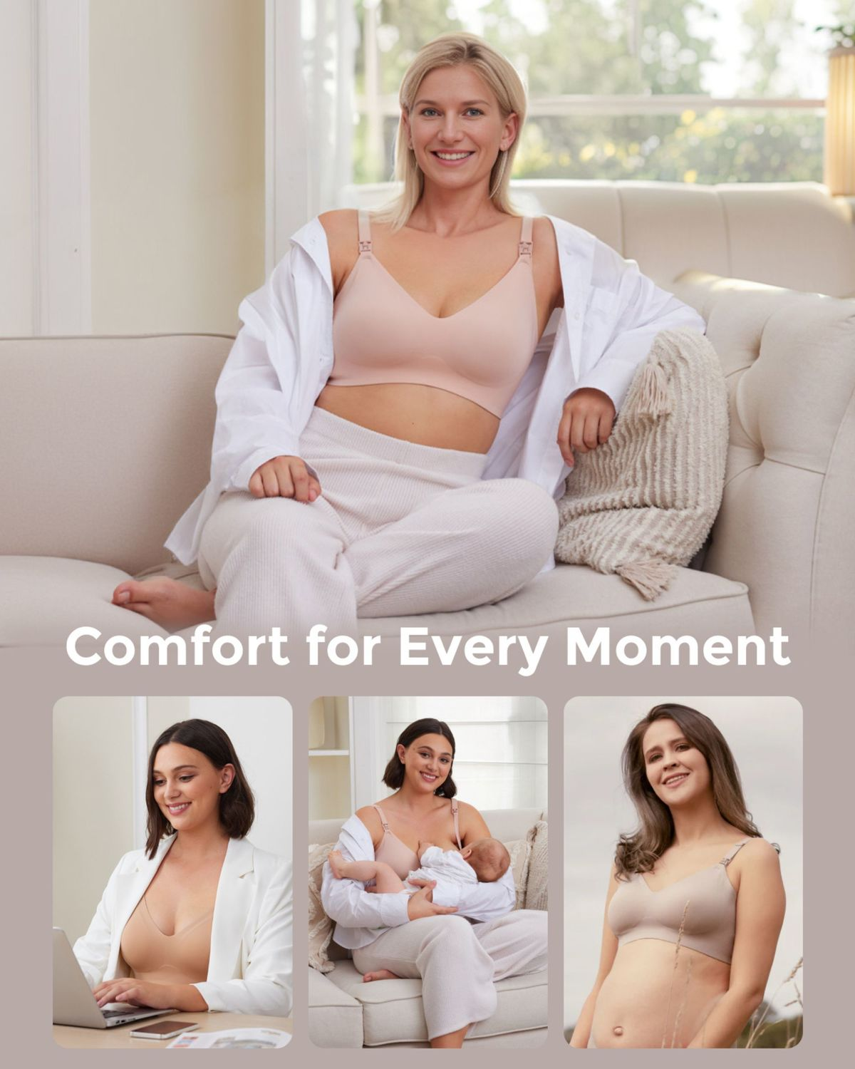 Collage einer lächelnden Frau in einem nudefarbenen Still-BH auf einem Sofa, bei der Arbeit, beim Stillen und schwanger.