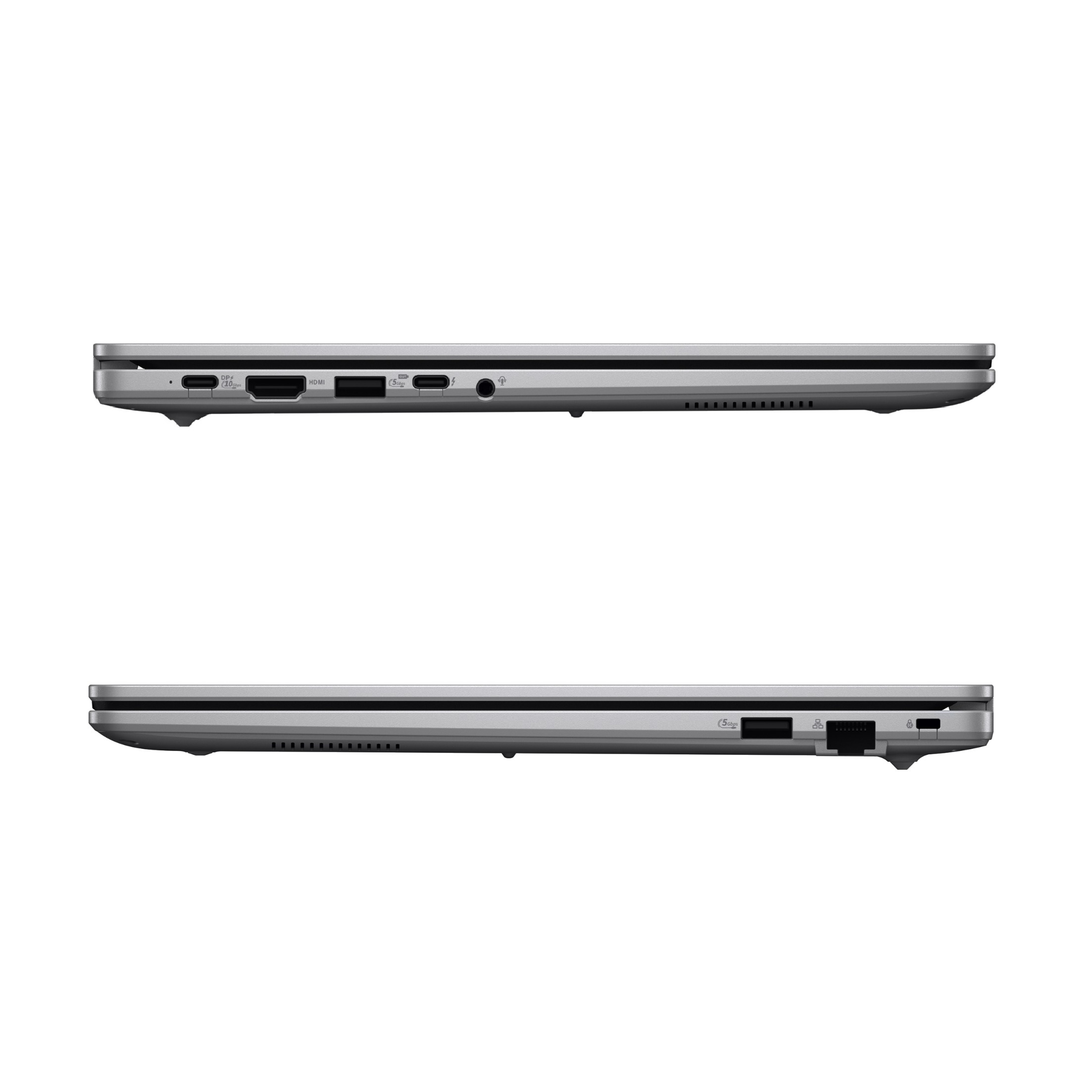 Seitenansichten eines silbernen Laptops mit Anschlüssen wie USB-C, HDMI, USB-A, Audio und Ethernet auf weißem Hintergrund.