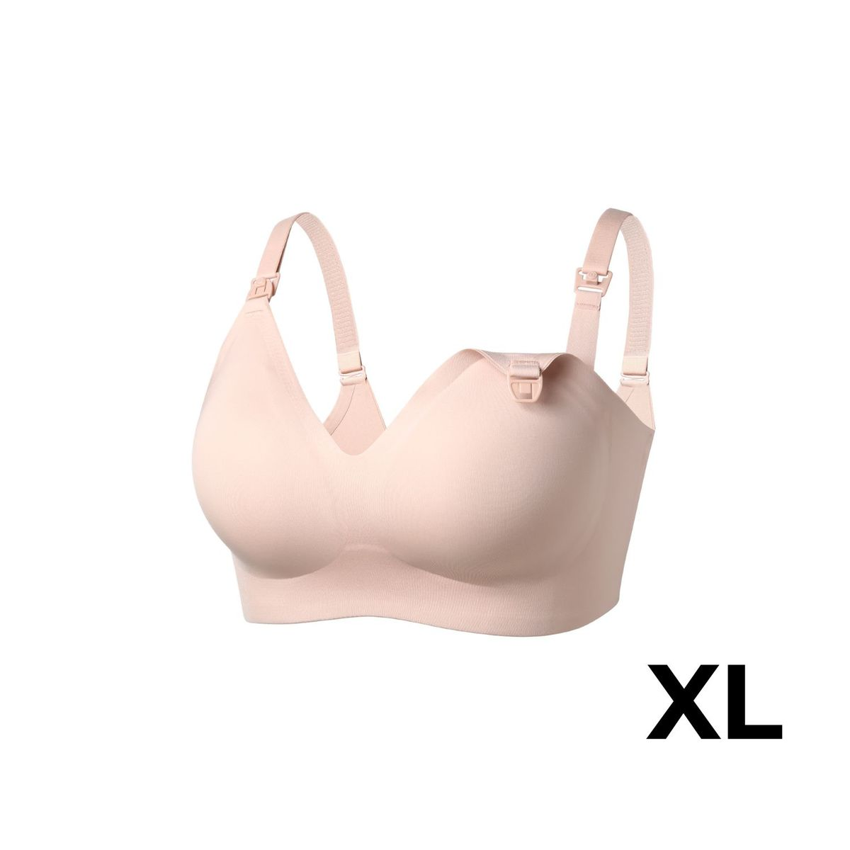 Ein nahtloser, hellrosa Still-BH mit Trägern und Verschlüssen, vor weißem Hintergrund mit XL-Etikett.