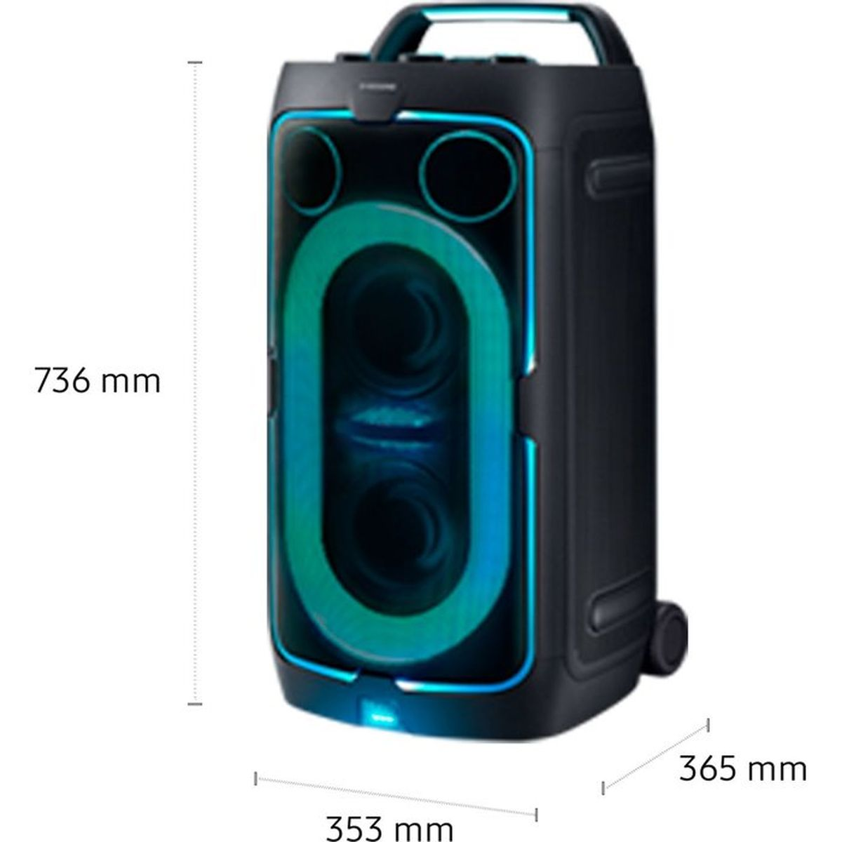 Schwarzer Partylautsprecher mit blauer LED-Beleuchtung und Maßen von 736x353x365 mm.