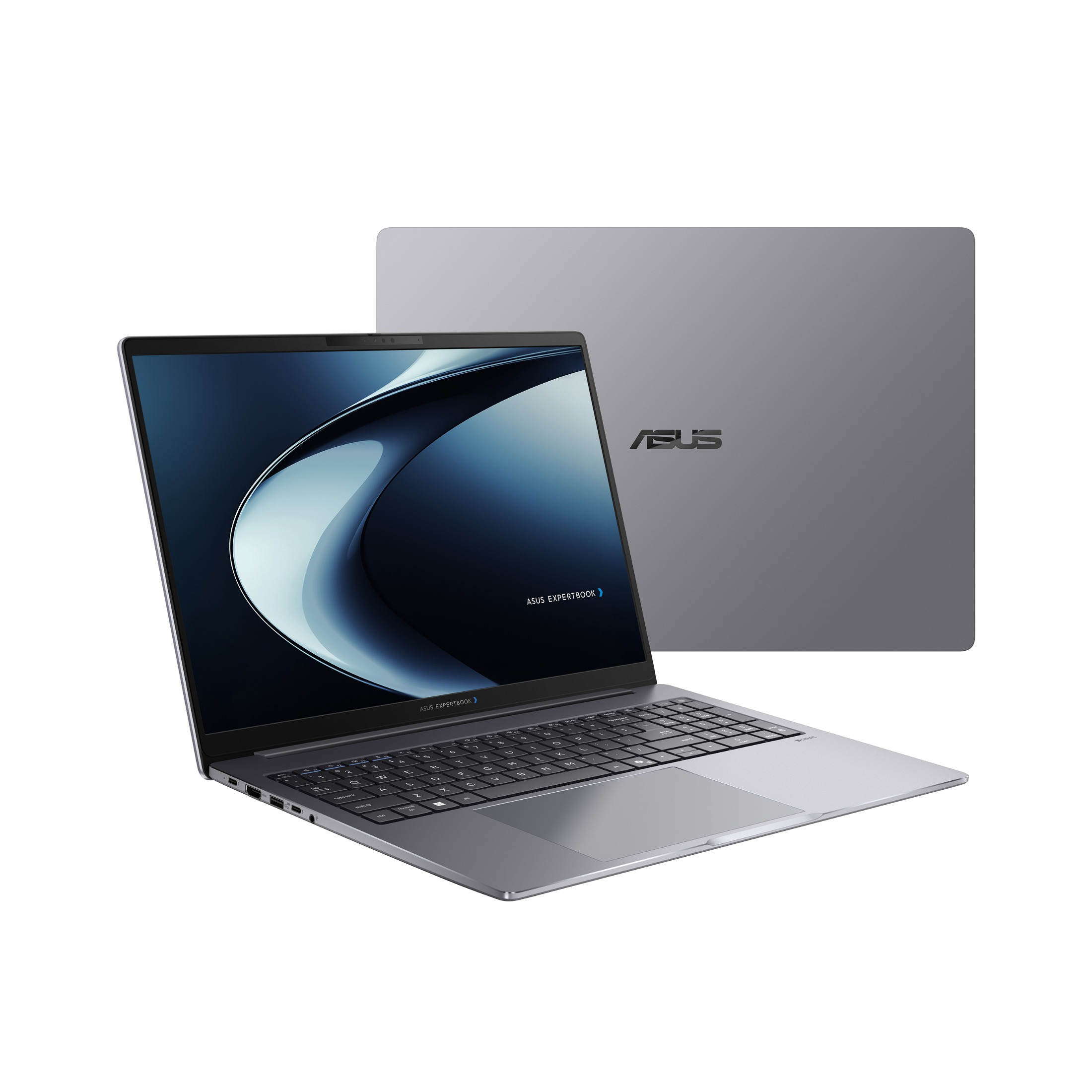 Ein grauer Asus ExpertBook Laptop steht offen auf weißem Hintergrund, während ein zweiter Laptop im Hintergrund steht.
