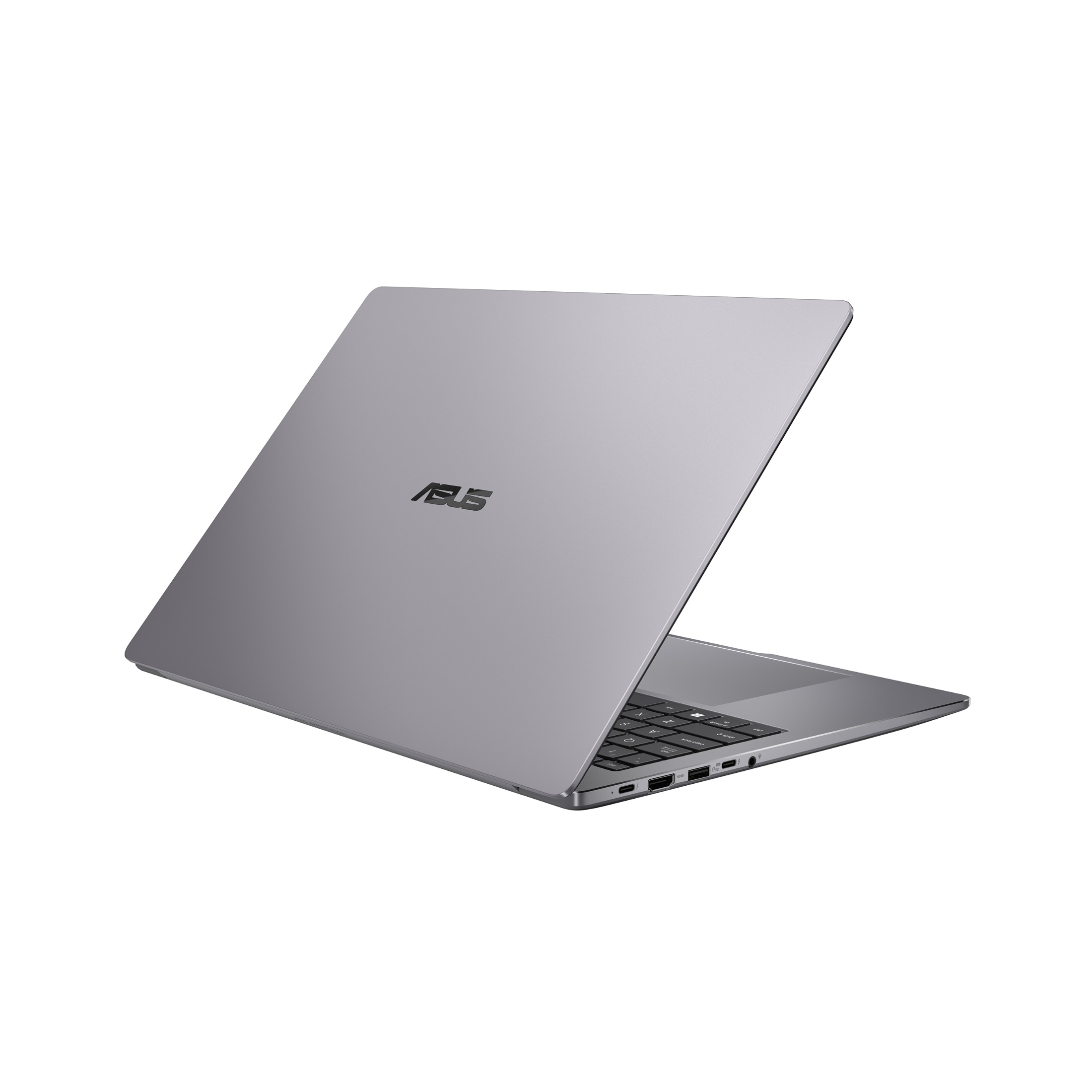 Ein silberner ASUS-Laptop wird von hinten gezeigt, mit sichtbaren Anschlüssen an der Seite vor weißem Hintergrund.