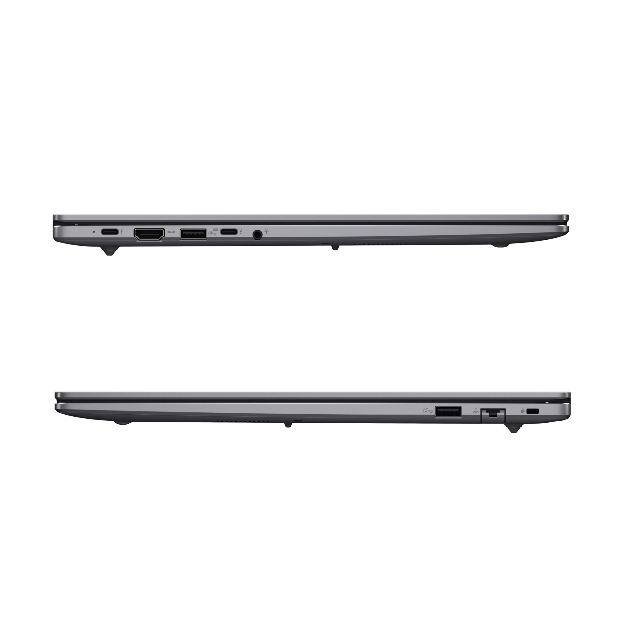 Seitenansicht eines grauen Laptops mit verschiedenen Anschlüssen auf beiden Seiten.
