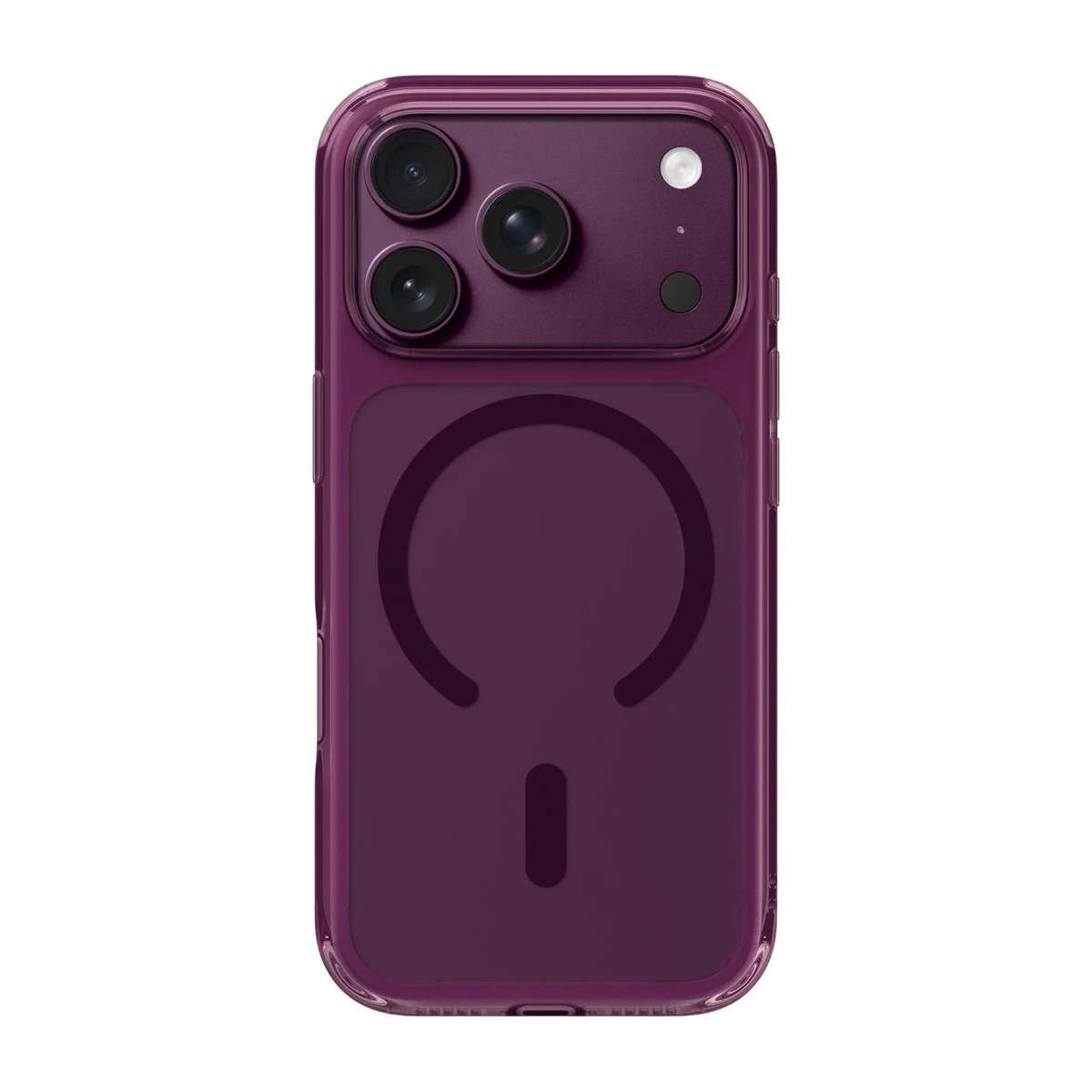 Rückseite eines violetten Smartphones in einer transparenten Hülle mit dreifacher Kameralinse und magnetischem Ring.