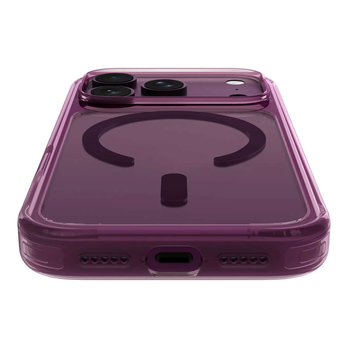 Ein violettes Smartphone in einer transparenten Hülle mit MagSafe-Ring auf der Rückseite, von unten gesehen.