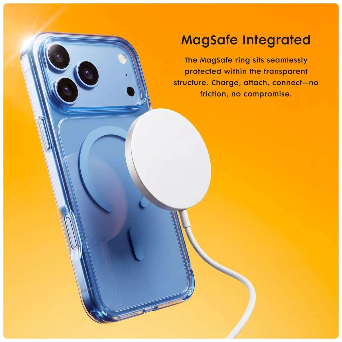 Ein blaues Handy in einer klaren Hülle mit weißem MagSafe-Ladegerät vor orangefarbenem Hintergrund.