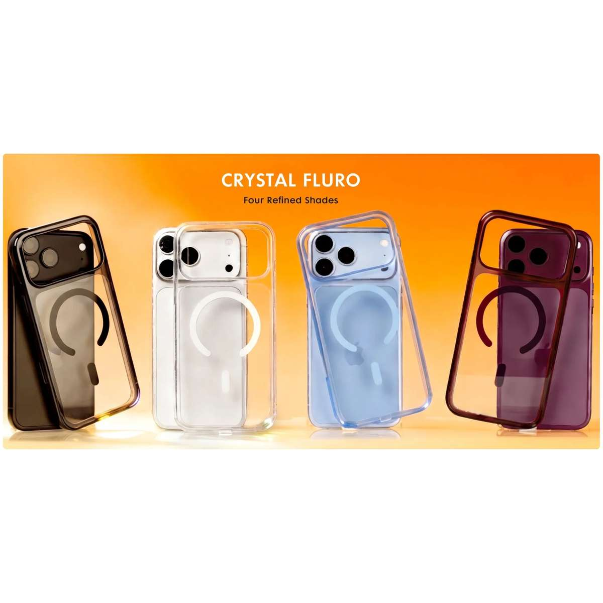 Vier Smartphones in Crystal-Fluro-Hüllen mit Magnetringen vor orangefarbenem Hintergrund.
