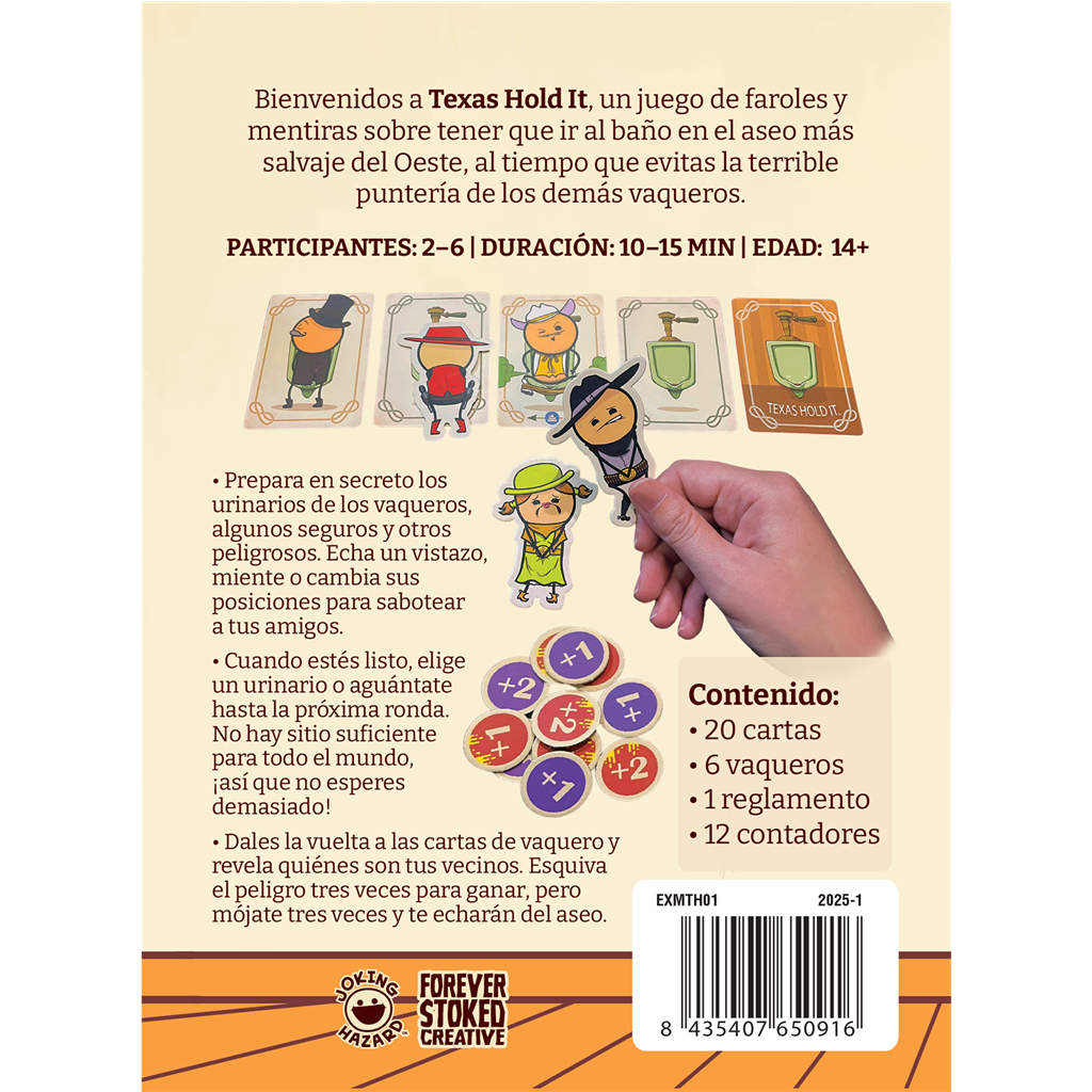 Parte trasera de la caja del juego Texas Hold It con reglas, cartas, fichas de personajes y código de barras.