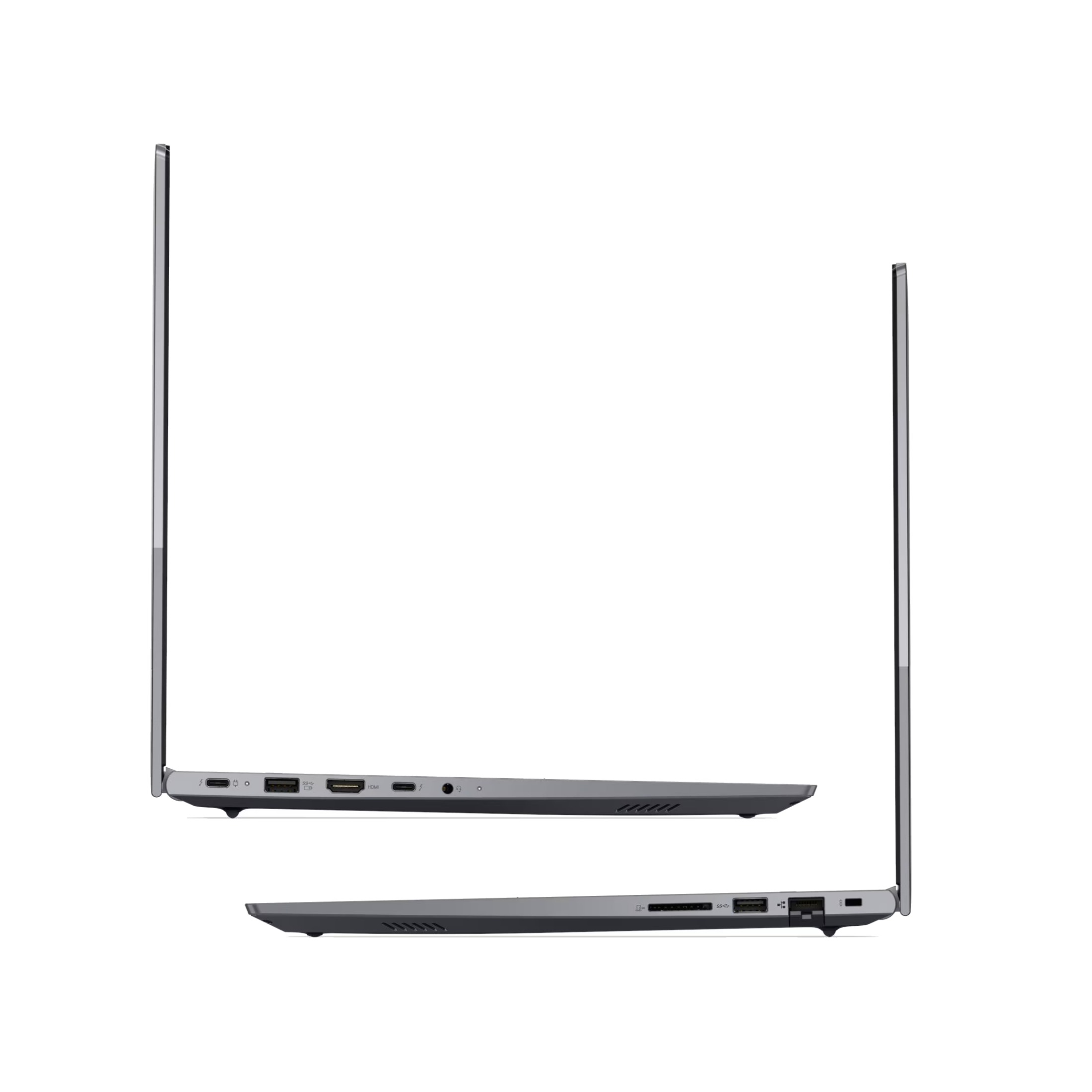 Seitenprofile eines dünnen grauen Laptops mit Anschlüssen wie USB, HDMI und Ethernet vor weißem Hintergrund.