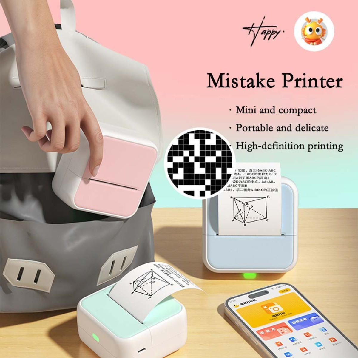 Mini-Drucker für Fehler in Rosa, Blau und Grün mit Smartphone auf Holztisch.