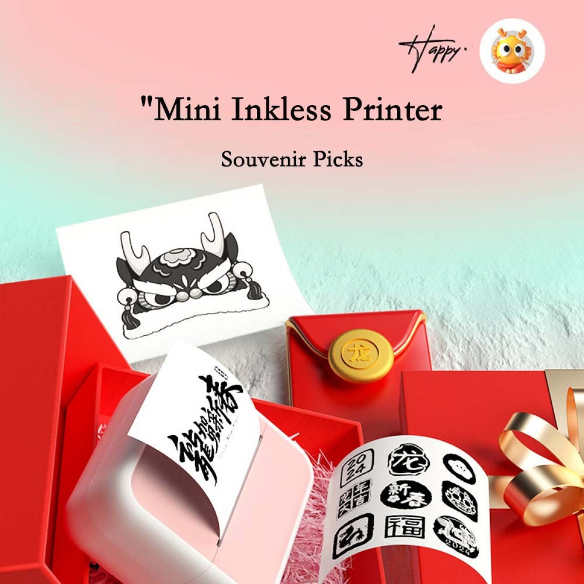 Mini-Tintenloser Drucker mit gedruckten chinesischen Neujahrsmotiven und roten Geschenkboxen.