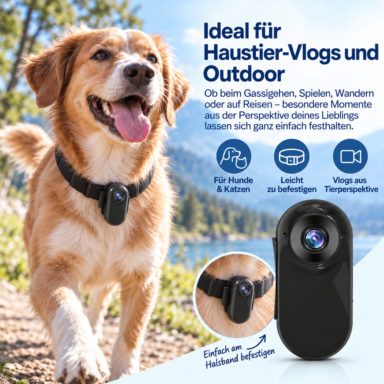 Ein glücklicher Hund trägt eine kleine schwarze Kamera am Halsband vor einer Berglandschaft.