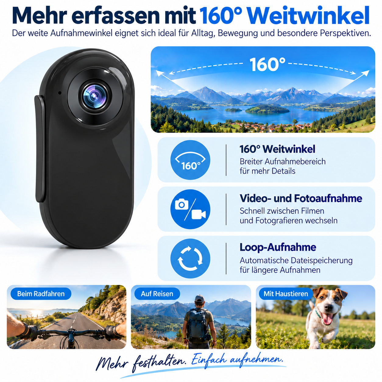 Schwarze Weitwinkelkamera mit 160 Grad, Funktionsgrafiken und Anwendungsszenen wie Radfahren, Reisen und Haustiere.