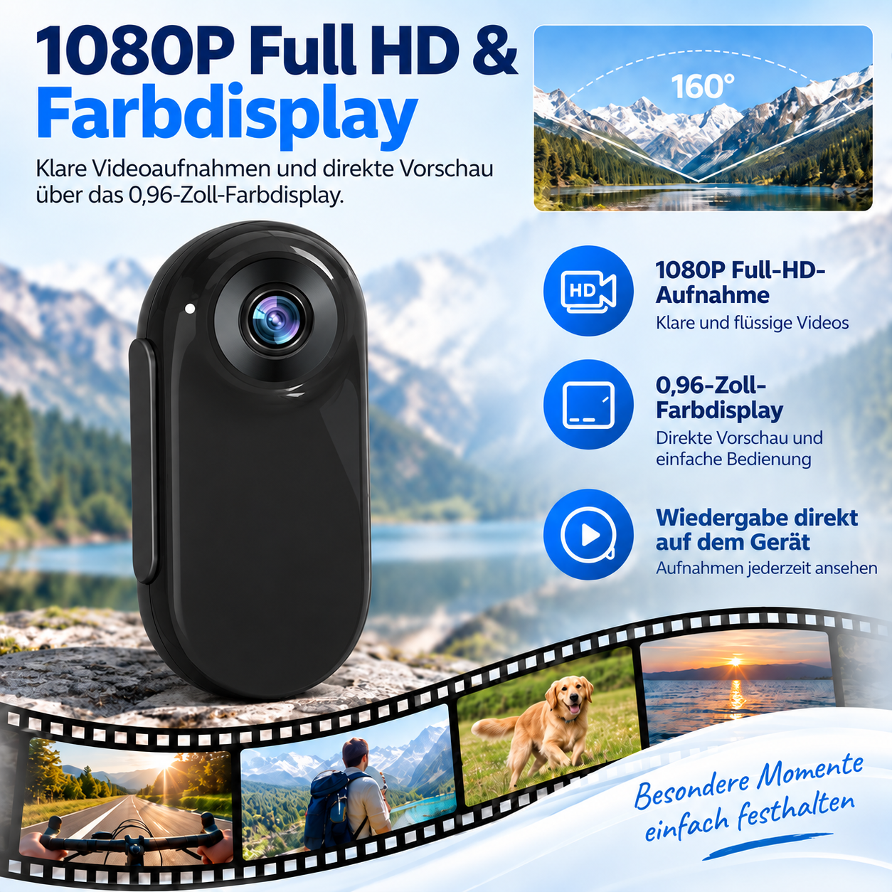 Schwarze Action-Kamera vor einer Berglandschaft mit Infografiken und Beispielfotos in Filmstreifen.