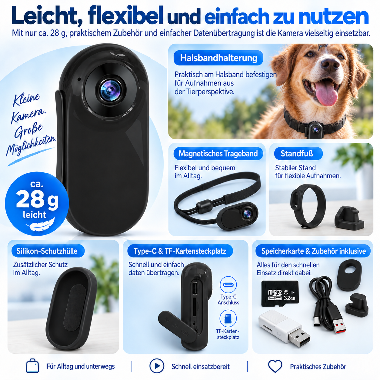 Produktübersicht einer kleinen schwarzen Mini-Kamera mit Zubehör wie Halsband, Ladekabel und SD-Karte.