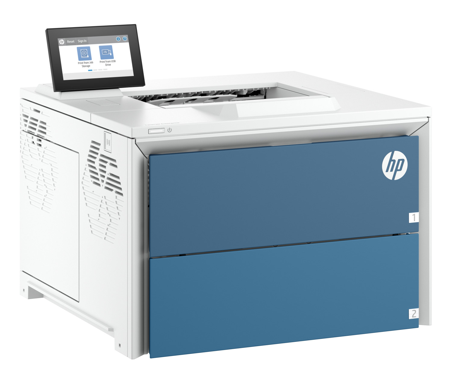 Ein weiß-blaues HP Laserdrucker mit Touchscreen oben und zwei blauen Papierfächern vorne.