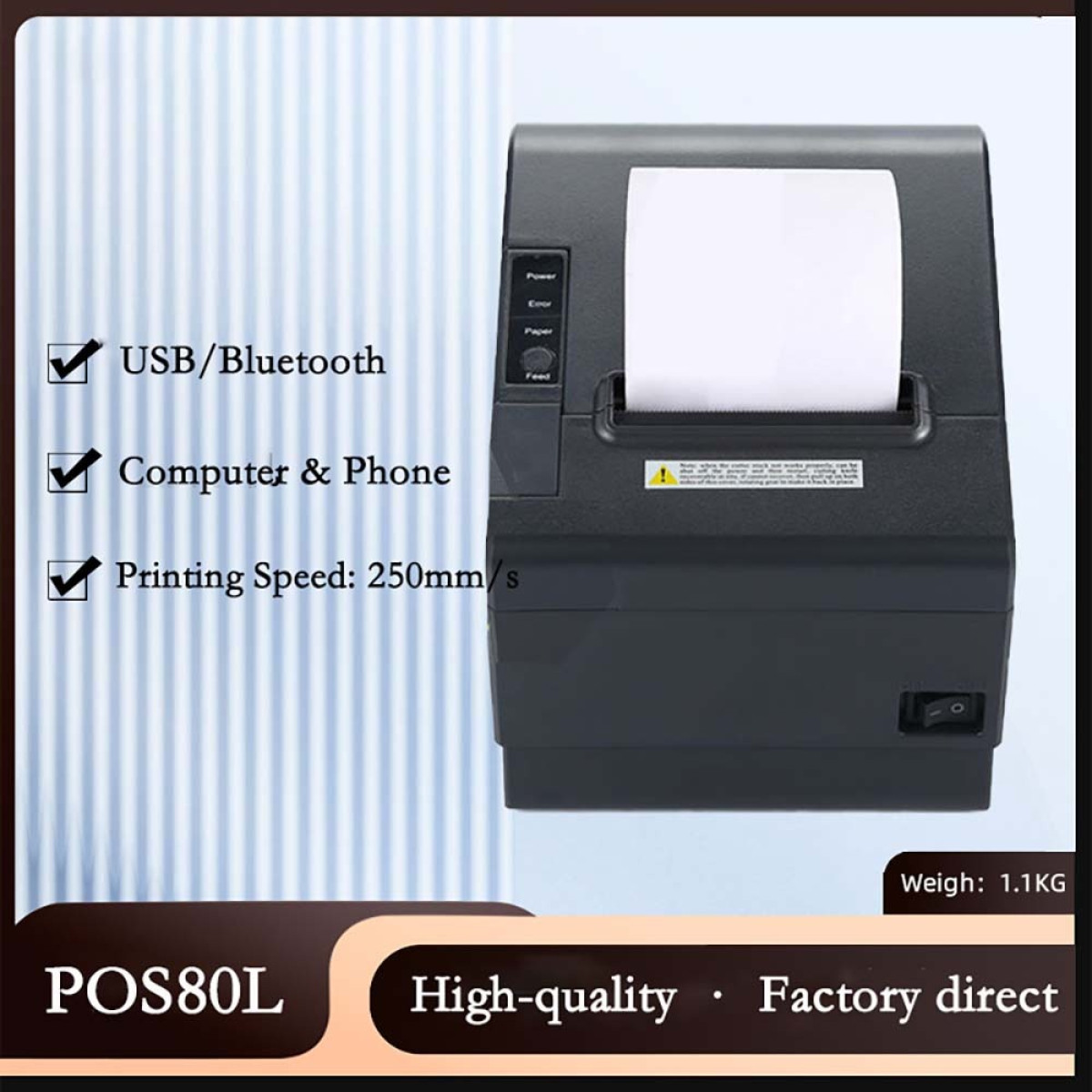 Schwarzer POS80L Belegdrucker mit Papierrolle, USB, Bluetooth und 250mm/s Geschwindigkeit.