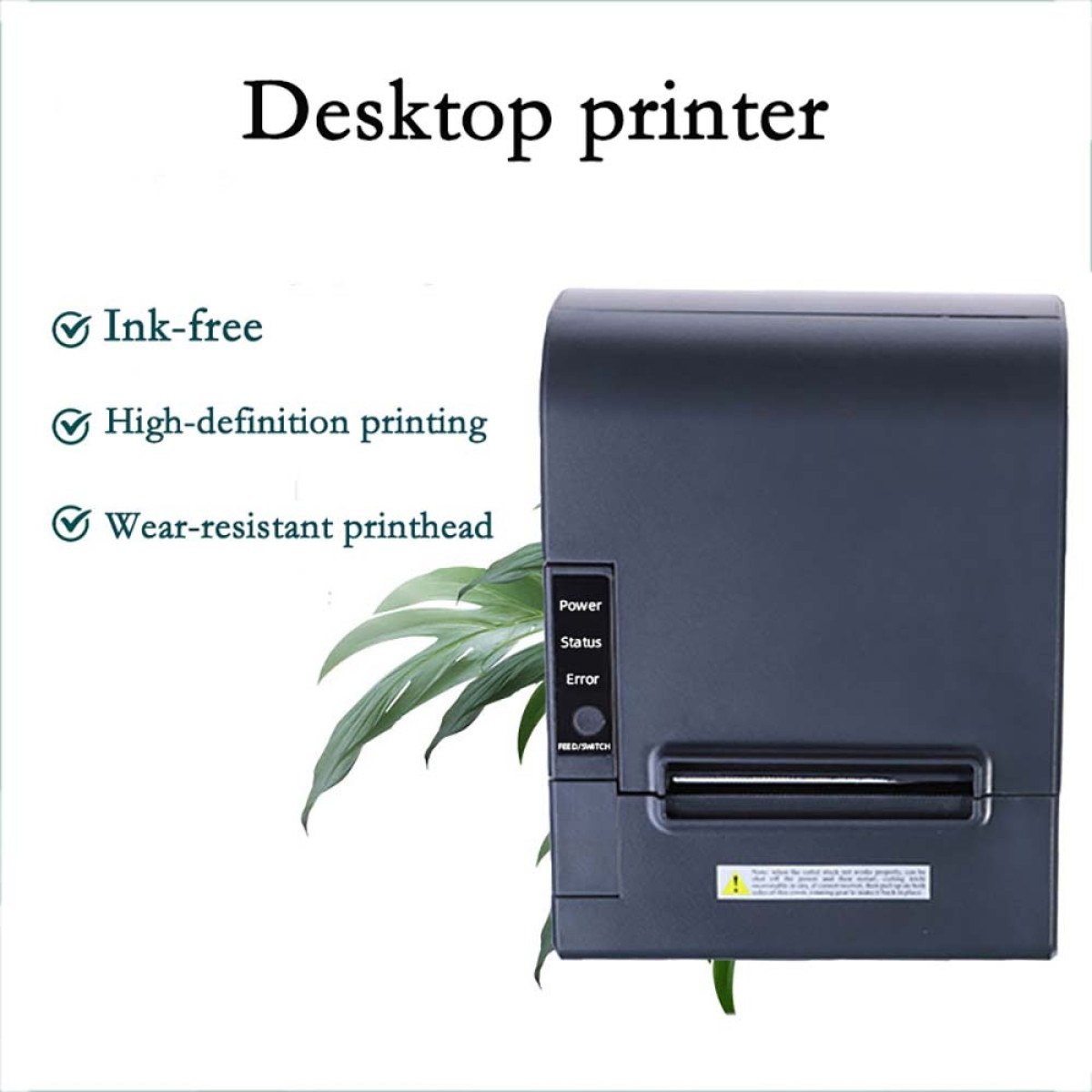 Ein grauer Desktop-Drucker mit Textur-Hintergrund und Merkmalen wie tintenfreiem Druck.