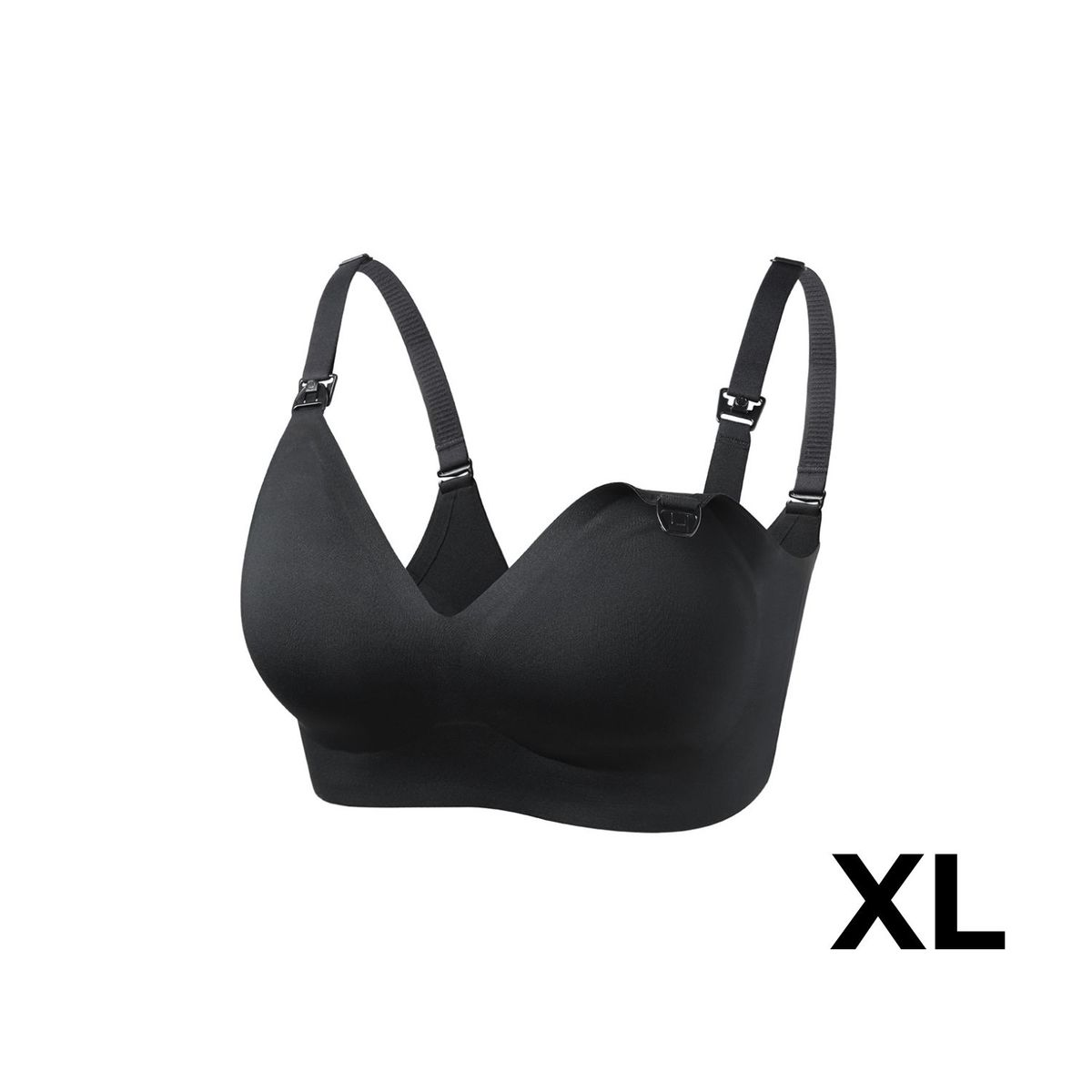 Ein schwarzer Still-BH mit verstellbaren Trägern und Clips, unten rechts als XL gekennzeichnet.
