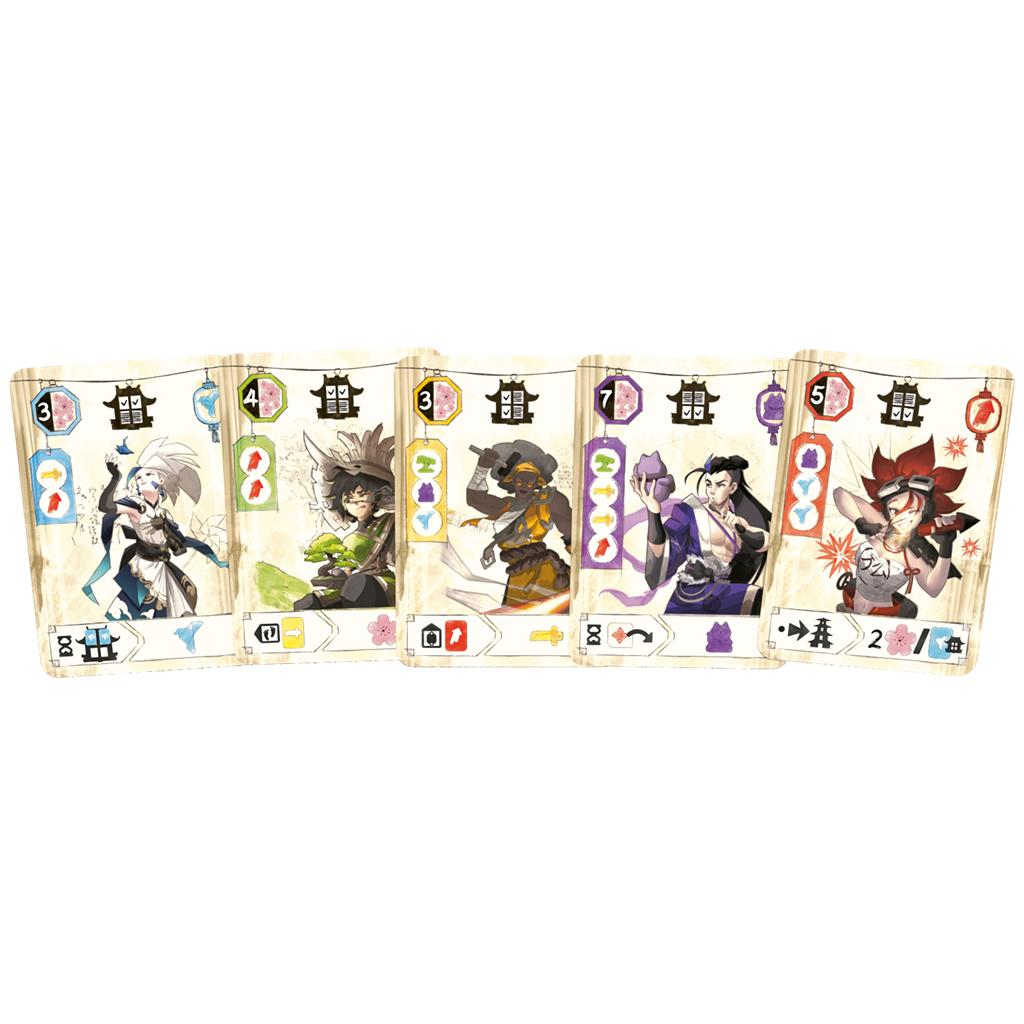 Cinco cartas de personajes de juegos de rol alineadas con ilustraciones coloridas, números y símbolos.