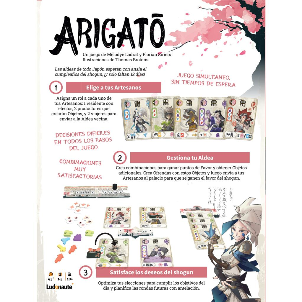 Reglas del juego de mesa Arigatô en español con cartas de personajes, fichas y flores de cerezo rosa de fondo.