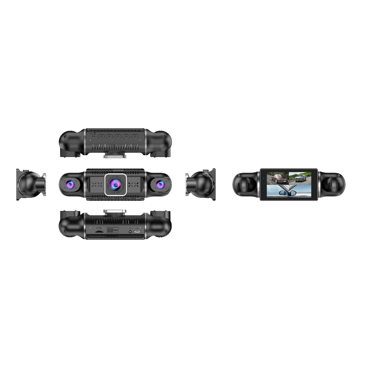 Mehrere Ansichten einer schwarzen Dashcam mit mehreren Linsen, Knöpfen und einem Bildschirm auf weißem Hintergrund.
