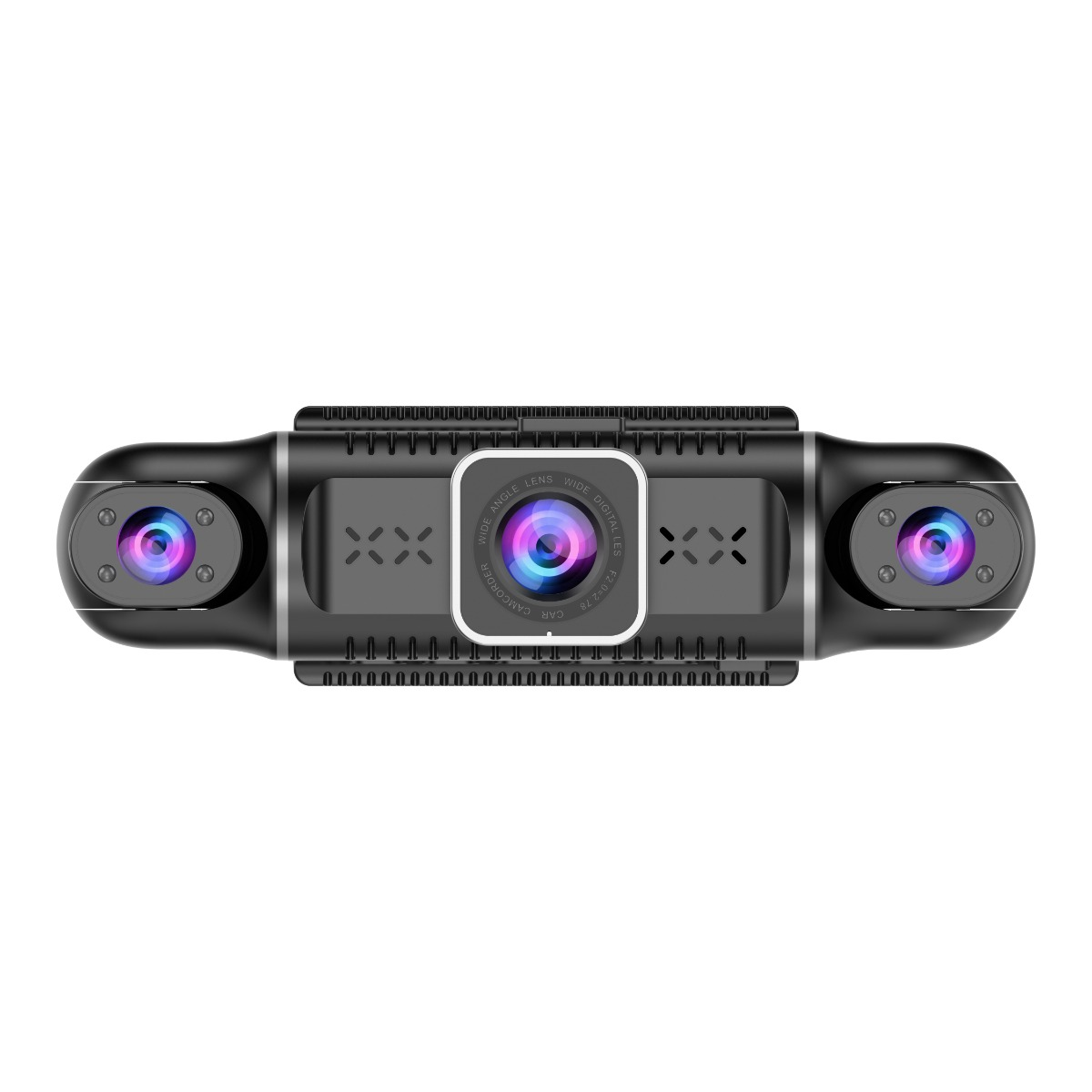 Schwarze Dashcam mit drei Linsen, die blaue und violette Reflexe zeigen, auf weißem Hintergrund.