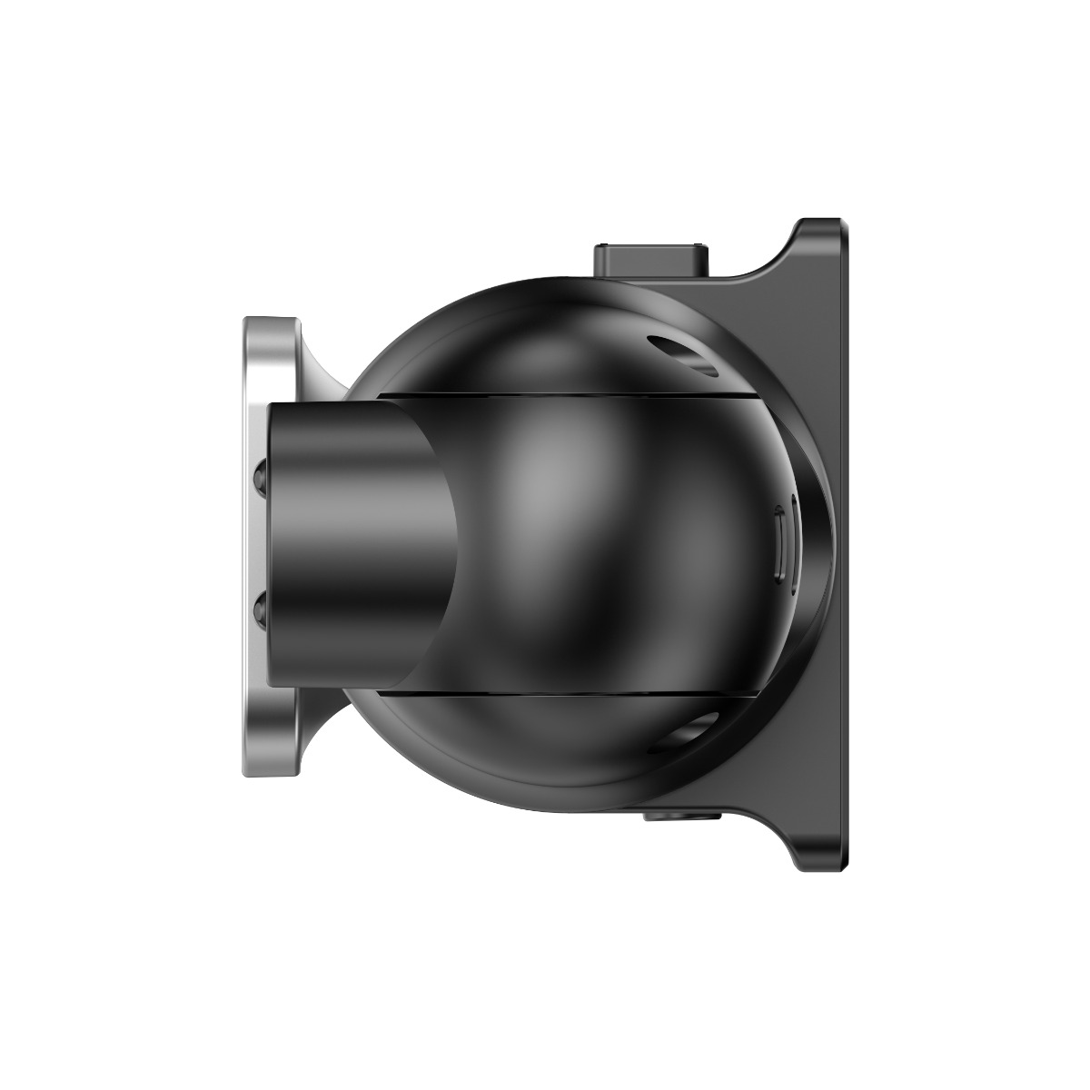 Schwarze Überwachungskamera mit rundem Gehäuse und Metallhalterung.
