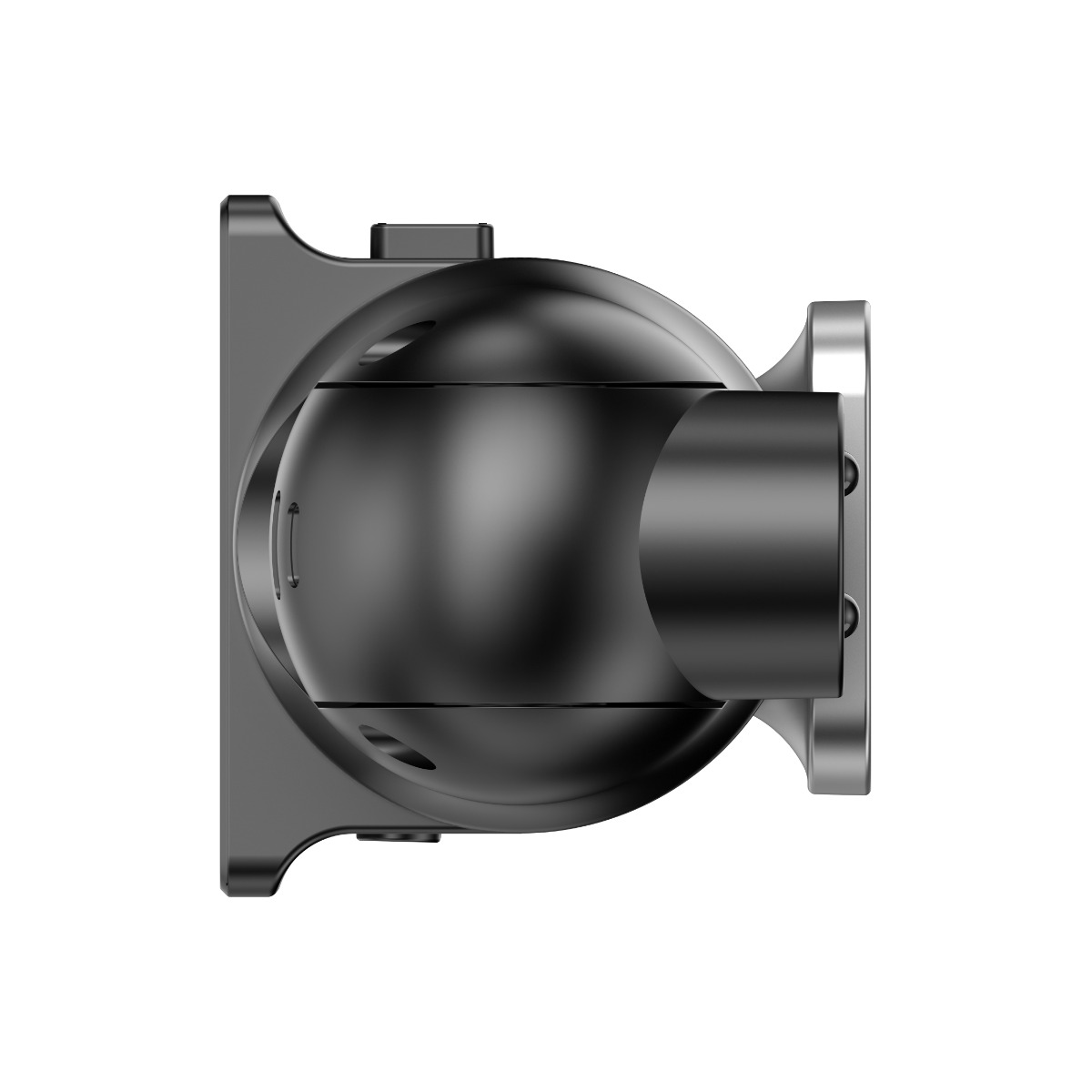 Schwarze Sicherheitskamera in Kugelform mit Montagehalterung auf weiÃem Hintergrund.
