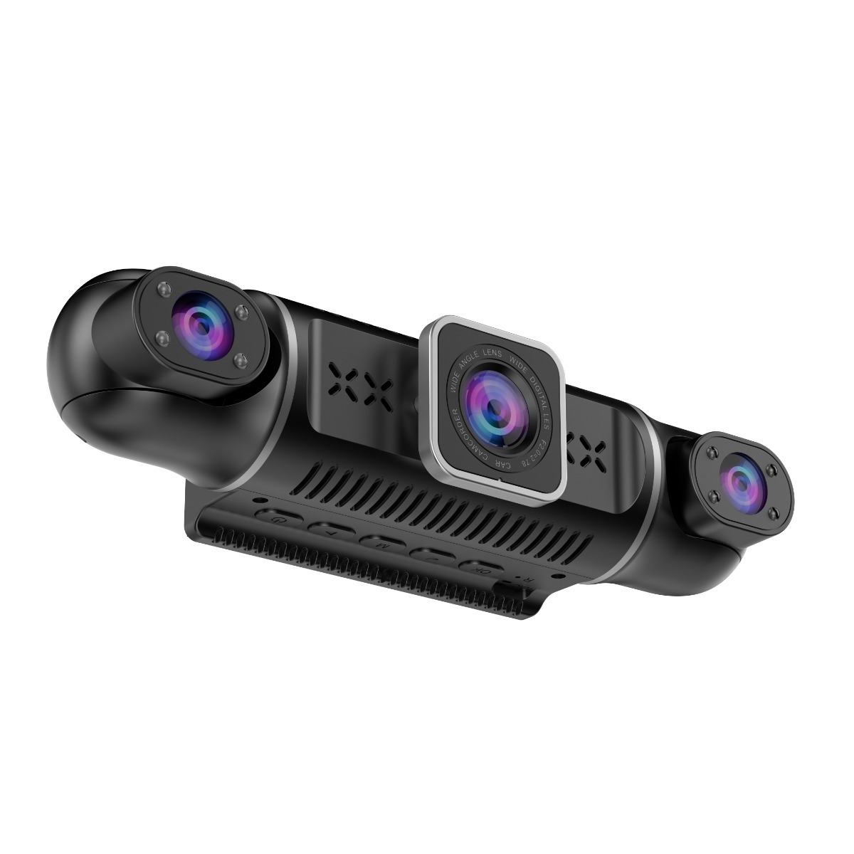 Eine schwarze Dashcam mit drei Linsen und Knöpfen auf der Unterseite auf weißem Hintergrund.
